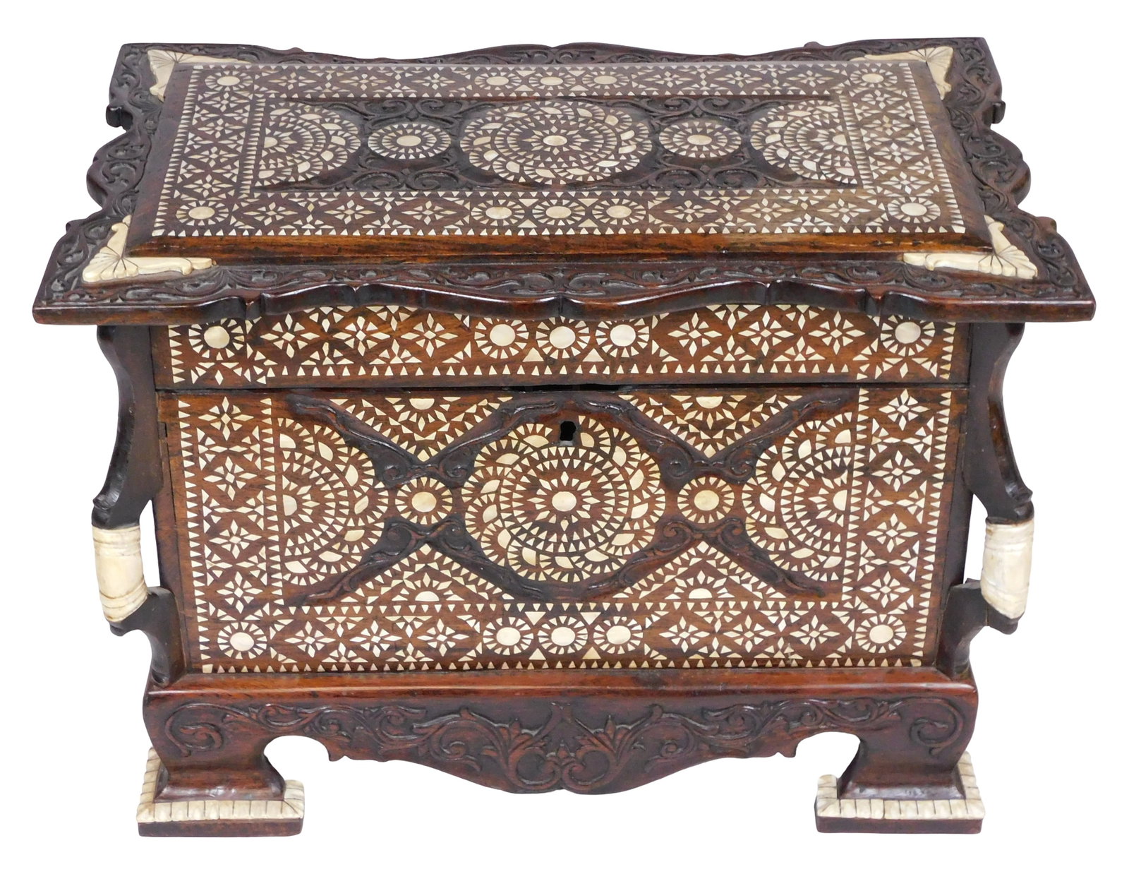 Anglo-Indian carved mother of pearl and bone inlaid chest, 19th- early 20th C., intricate parquetry (1 of 5)