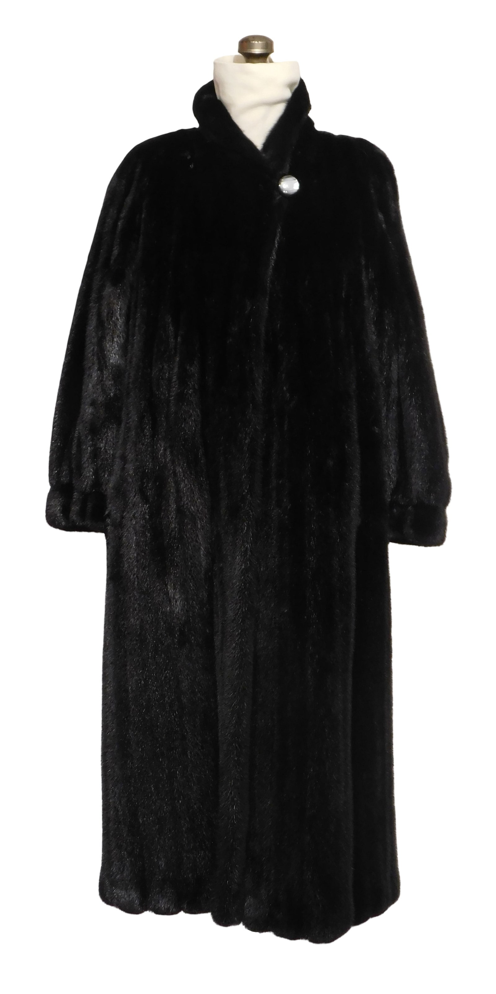 Full length black woman's mink coat, long coat with collared neck, single large decorative top (1 of 4)