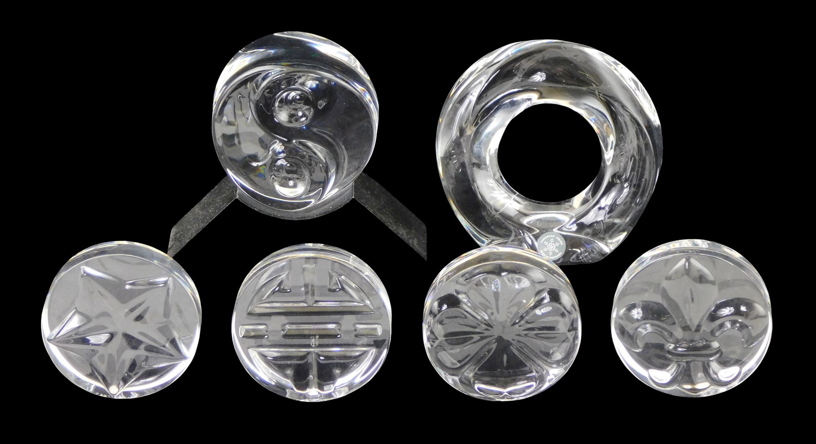 ART GLASS: Six Steuben crystal paperweights and hand coolers, including: four Steuben Tokens, four (1 of 3)
