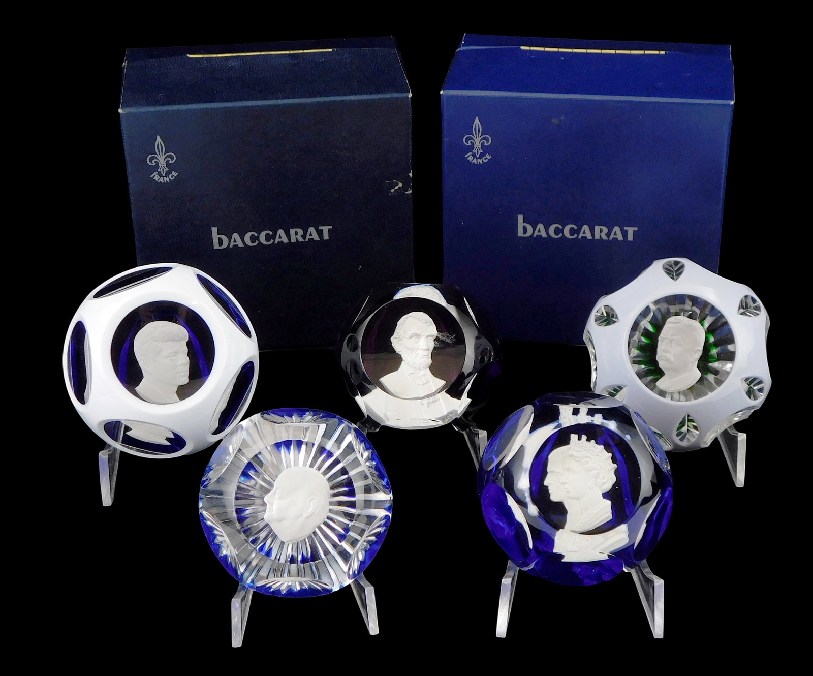 ART GLASS: Five Baccarat sulphide cameo paperweights, 20th C., France, including: Abe Lincoln, 1953, (1 of 3)