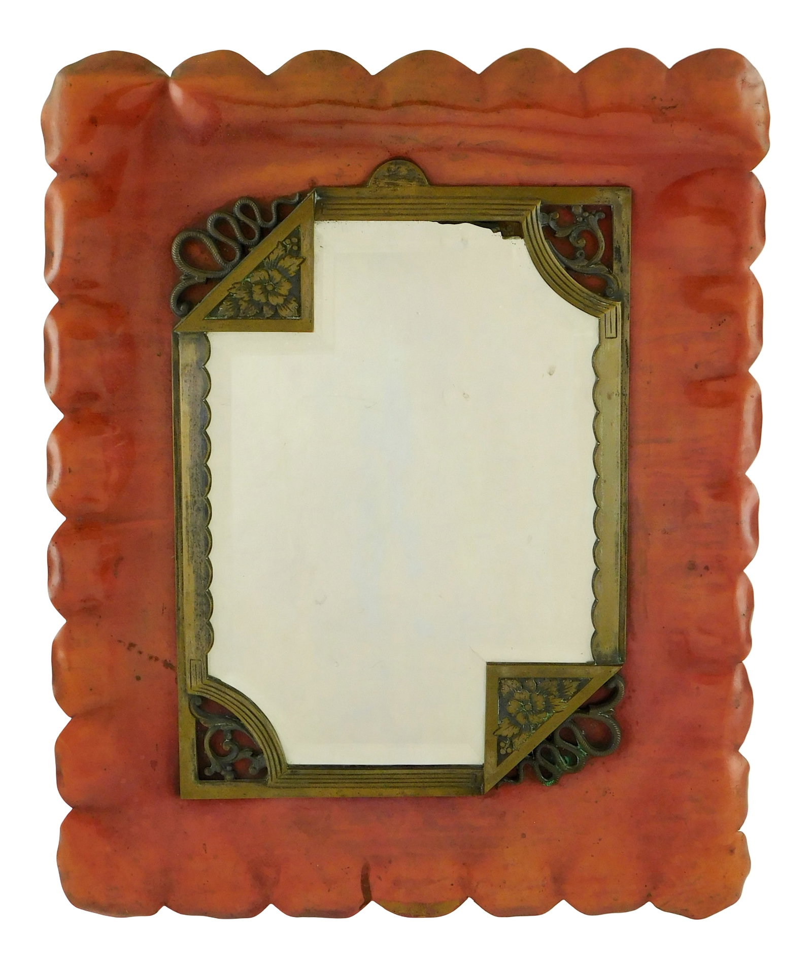 Copper and brass easel mirror, scalloped and polished copper frame with deco-style brass filigree (1 of 3)