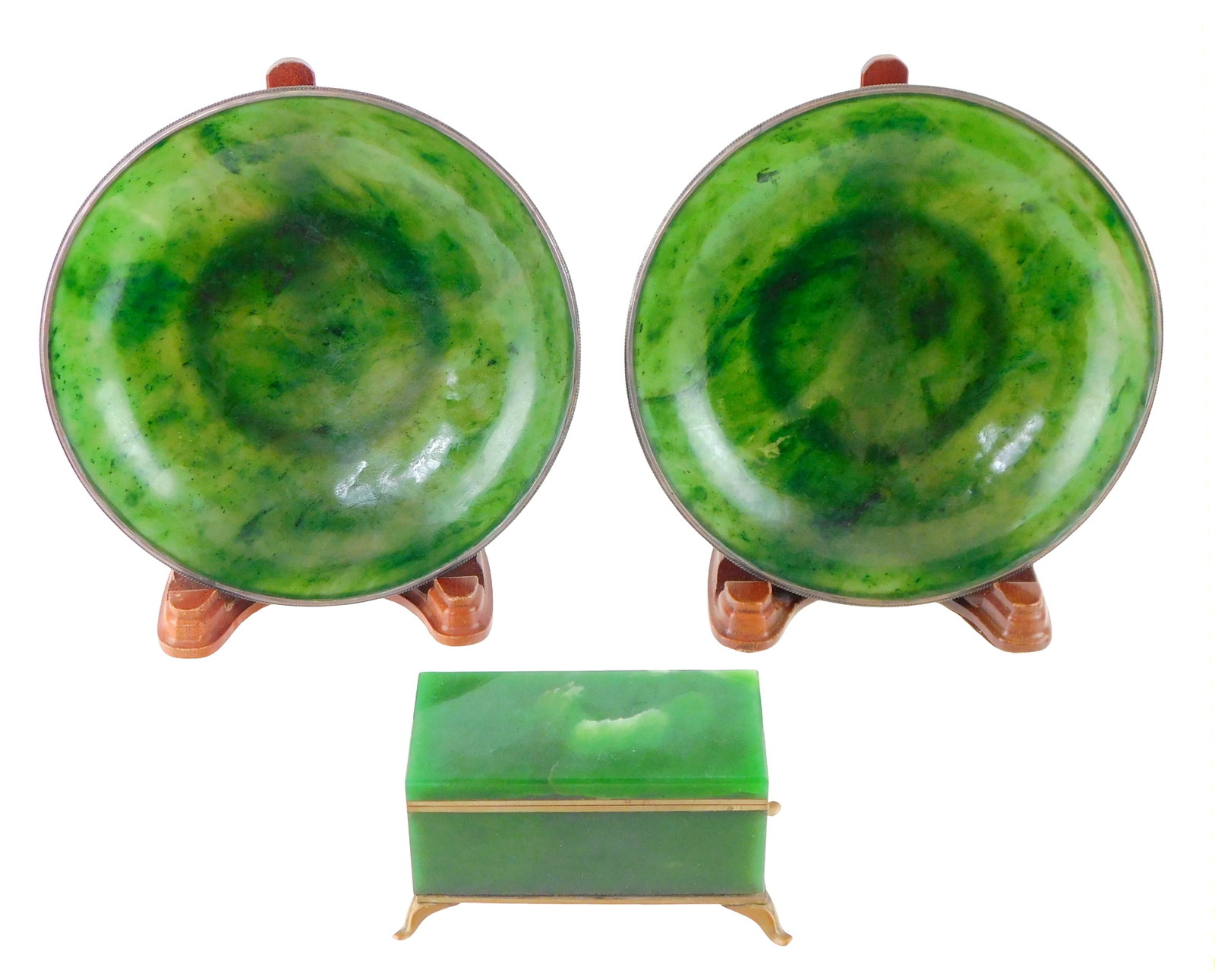 ASIAN: Pair of spinach jade bowls and a jade type trinket box, detail include: jade dishes/ bowls: ASIAN: Pair of spinach jade bowls and a jade type trinket box, detail include: jade dishes/ bowls each with sterling gadroon trimmed rims, stamped sterling on side, no other marks viewed, wear consist