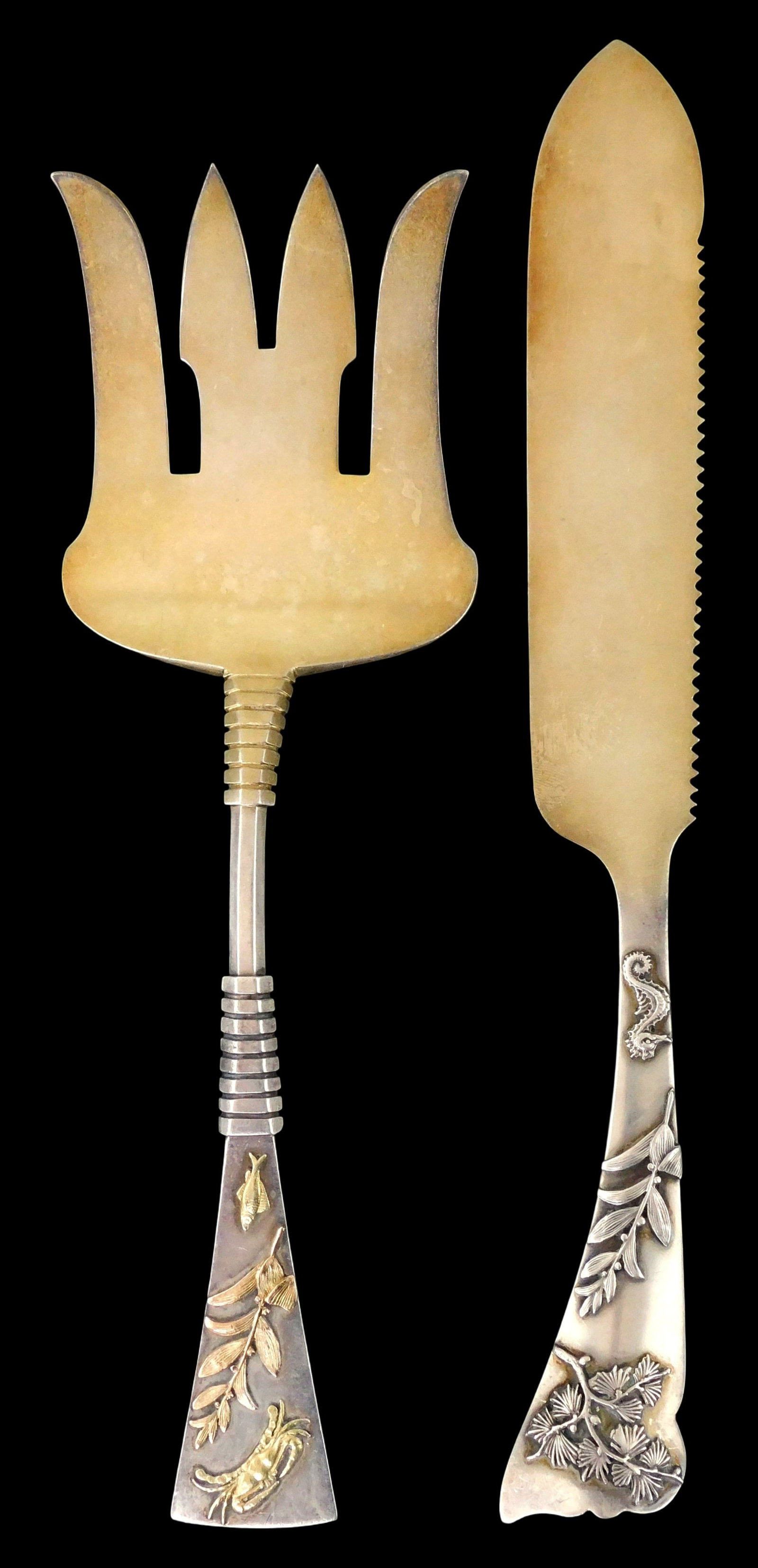STERLING: Aesthetic Movement serving fork and knife by George W. Shiebler & Co., New York, N.Y. (1 of 5)