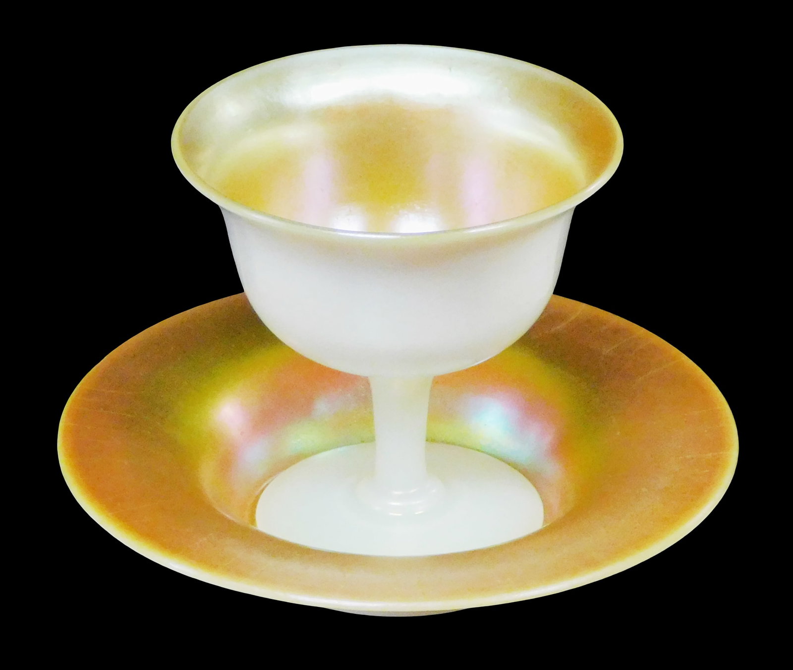 Steuben gold 'Aurene' sherbet and underplate, American, early 20th C., calcite glass with iridescent (1 of 3)