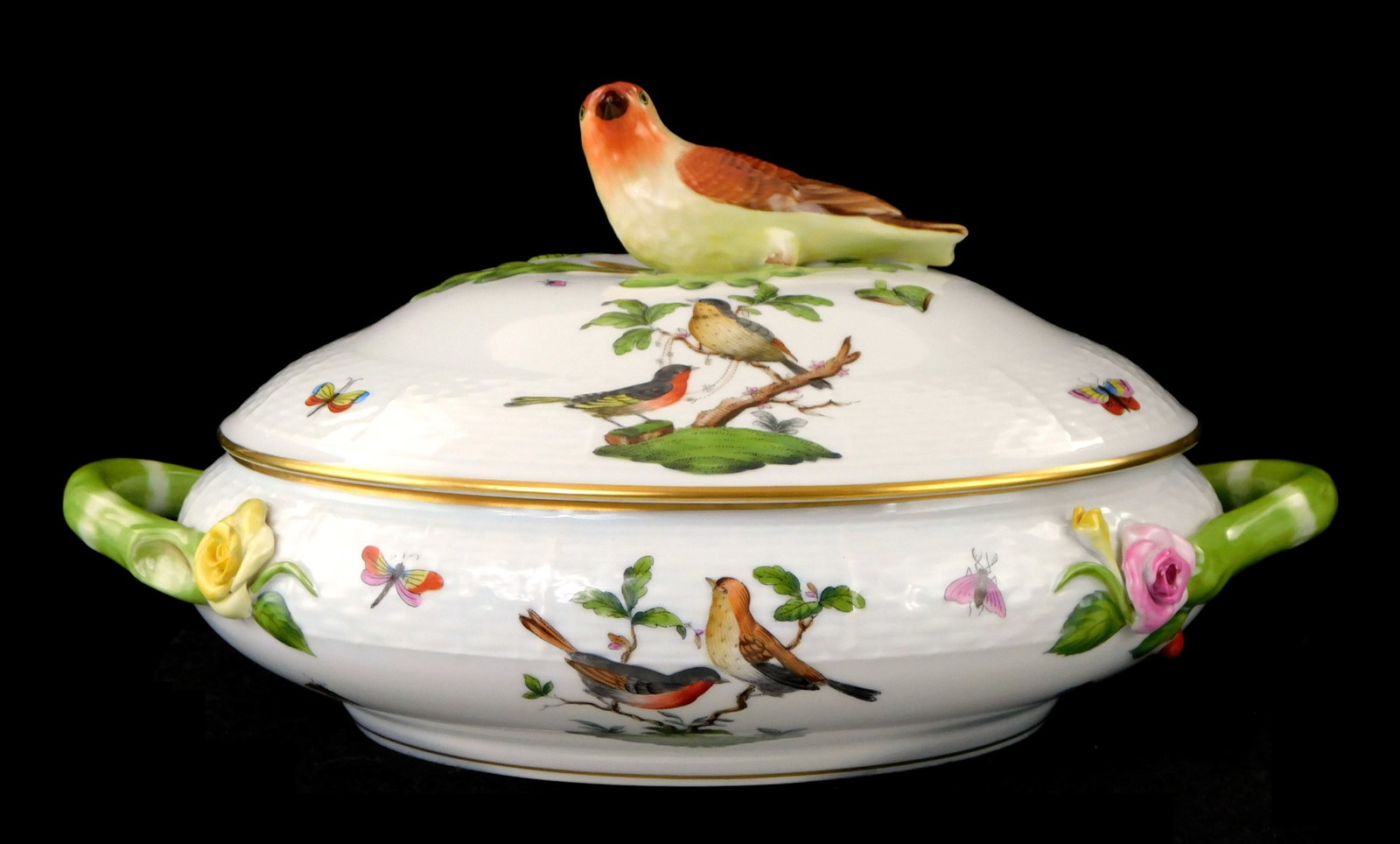 Herend 'Rothschild Bird' pattern round covered tureen, 20th C., Hungary, #90, bird and insect motifs (1 of 4)