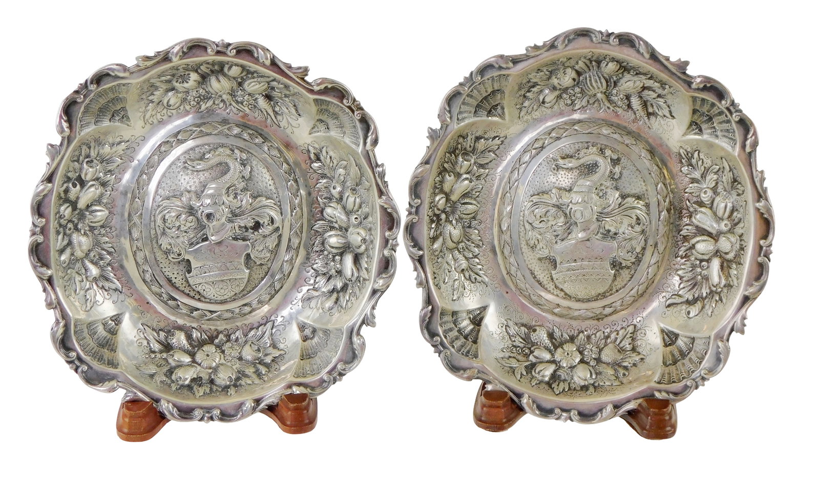 STERLING: Pair of ornate repousse dishes by Gorham, American, pat. no 945, sterling silver, raised (1 of 5)