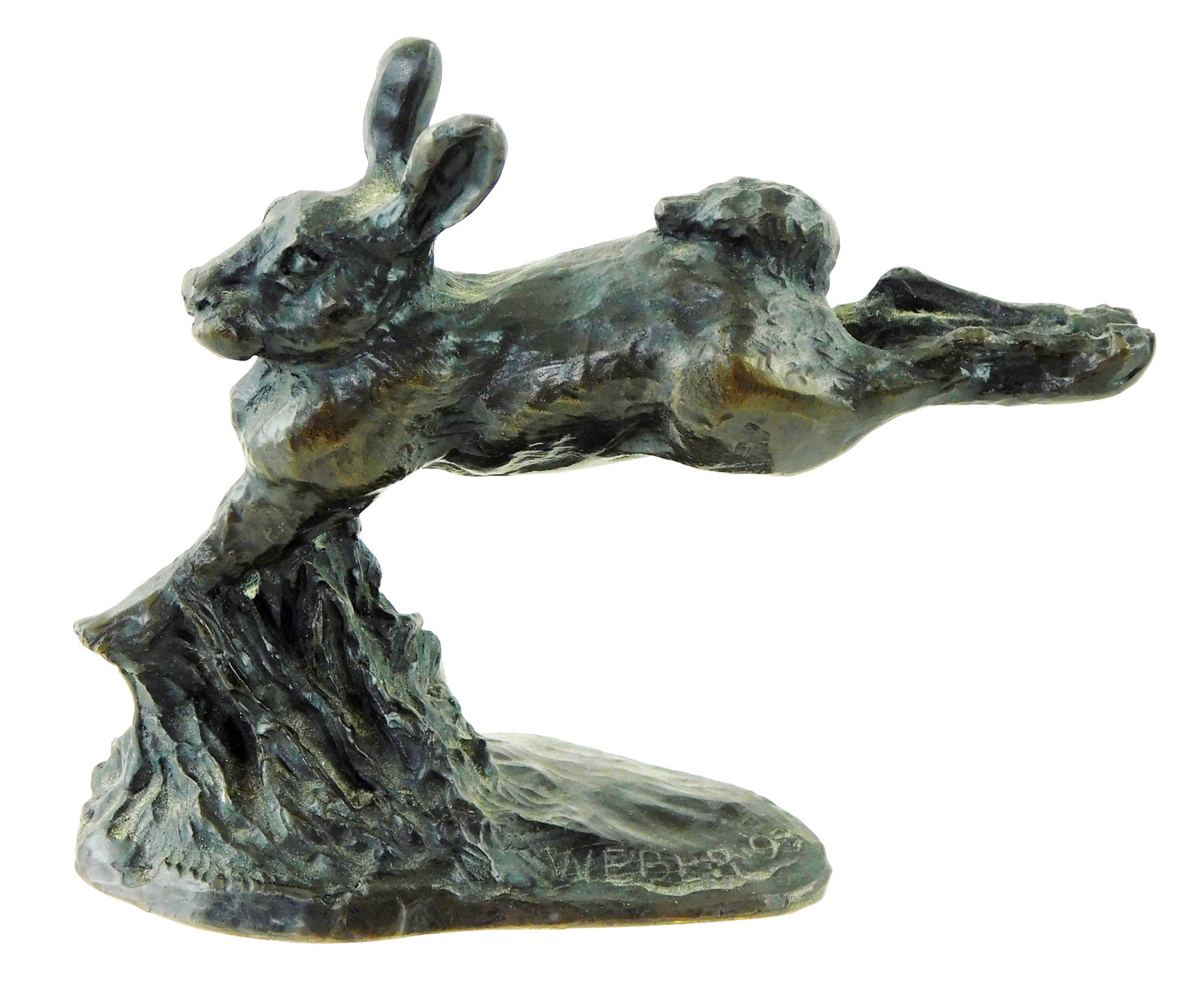 SCULPTURE: Harry Weber (American, b. 1942), "Leaping Hare", 1993, bronze, signed 'Weber' and dated: SCULPTURE: Harry Weber (American, b. 1942), "Leaping Hare", 1993, bronze, signed 'Weber' and dated '93 on naturalized base, depicts rabbit jumping over stump with hind legs outstretched, wear consiste