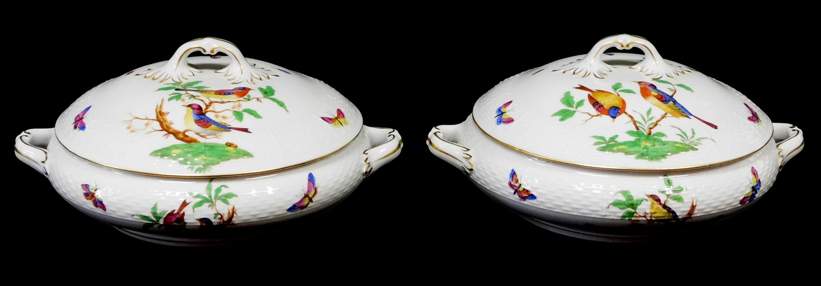 Pair of Herend 'Rothschild Bird Mayer' Special Order shallow lidded vegetable bowls, c. 1950's, (1 of 3)