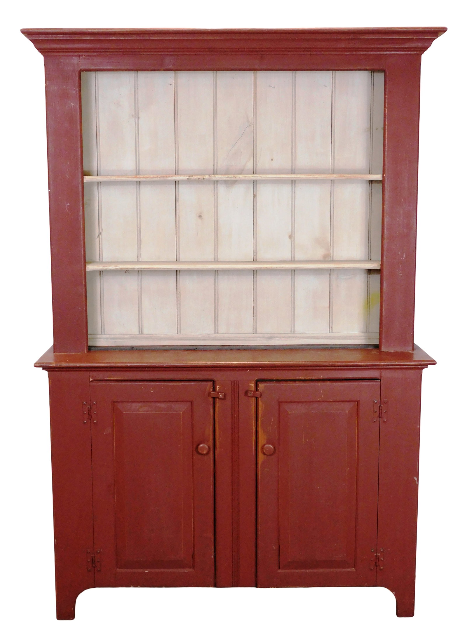 Reproduction two-part hutch with painted barn red finish, three step-back open shelves over paneled (1 of 4)