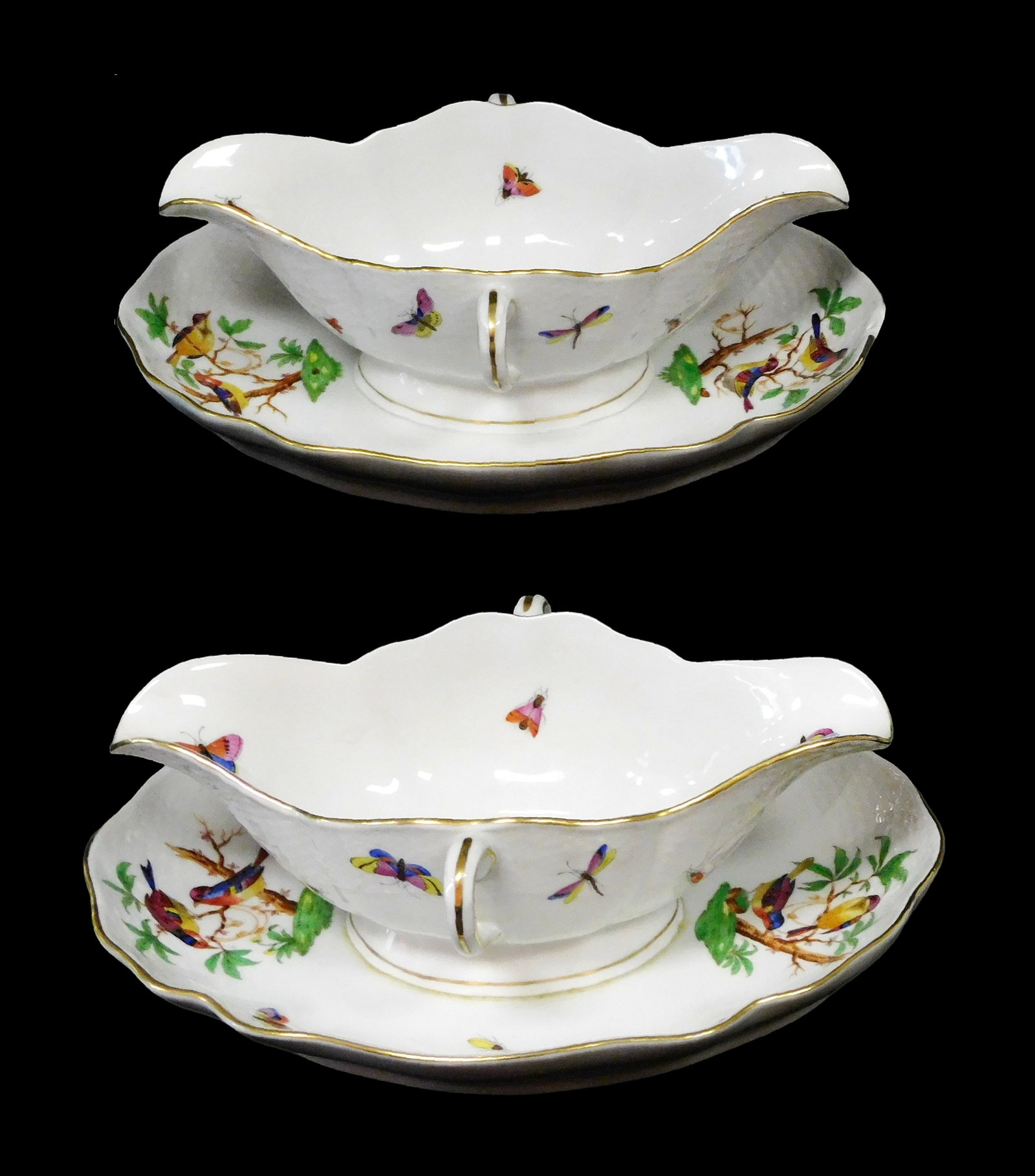 Pair of Herend 'Rothschild Bird Mayer' Special Order open sauce boats and attached platters, c. (1 of 4)