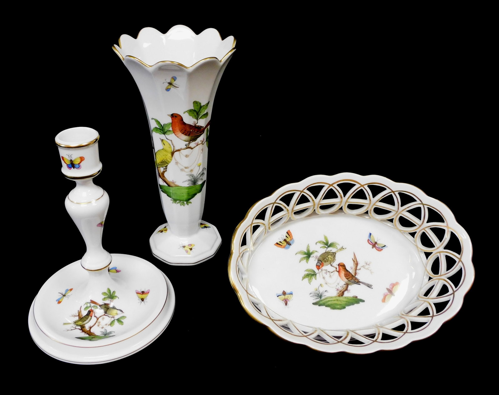 Herend 'Rothschild Bird' pattern hand-painted porcelain decorative ware, three pieces, second half (1 of 9)
