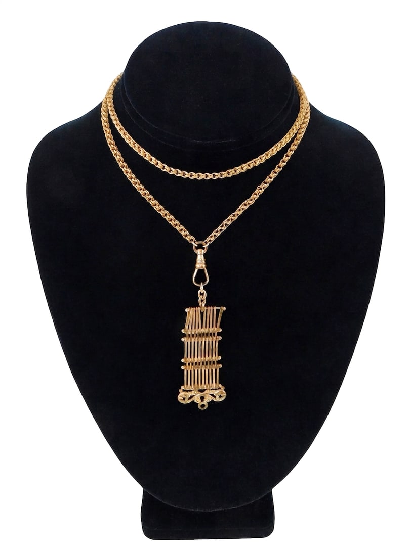 JEWELRY: 14K Watch chain with gold-filled drop: double cable link chain tested 14K yellow gold with (1 of 3)