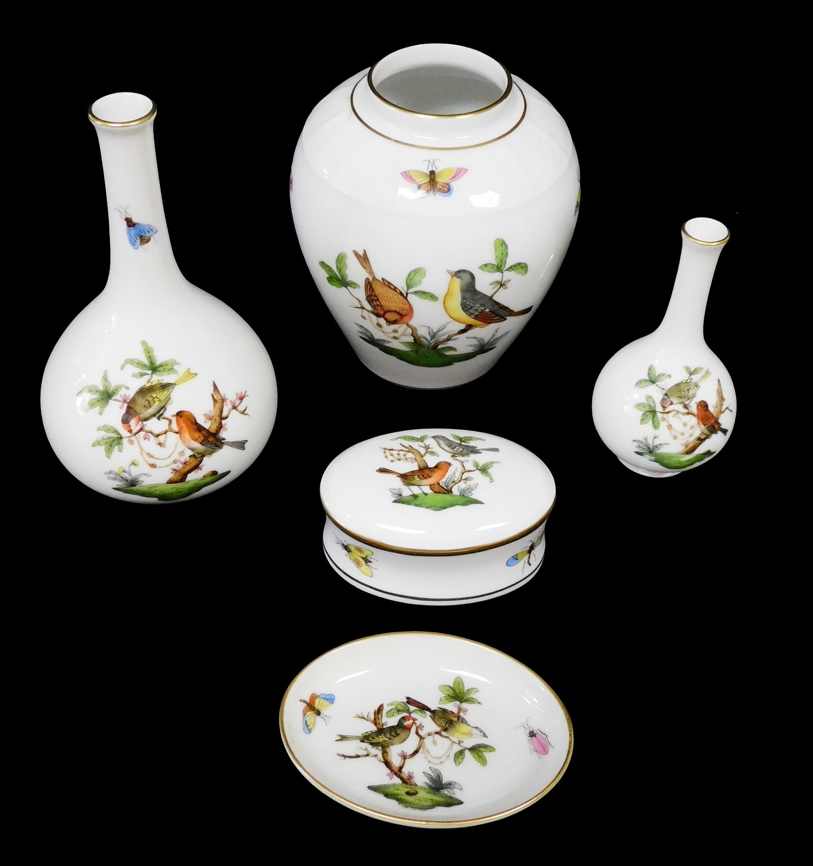 Herend 'Rothschild Bird' pattern hand-painted porcelain ware, five pieces, 20th C., Hungary, all: Herend 'Rothschild Bird' pattern hand-painted porcelain ware, five pieces, 20th C., Hungary, all with bird and insect motifs and gilt accents, all marked, including: 'Artist Show 1997' tea cady, #6460