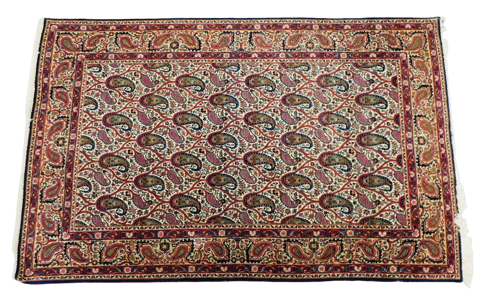 RUG: Modern Persian rug, 6' 8" x 4' 4", wool on cotton, cream field with repeating red and blue: RUG: Modern Persian rug, 6' 8" x 4' 4", wool on cotton, cream field with repeating red and blue botehs, polychrome floral motifs, red minor borders, cream major borders, wear consistent with age and u