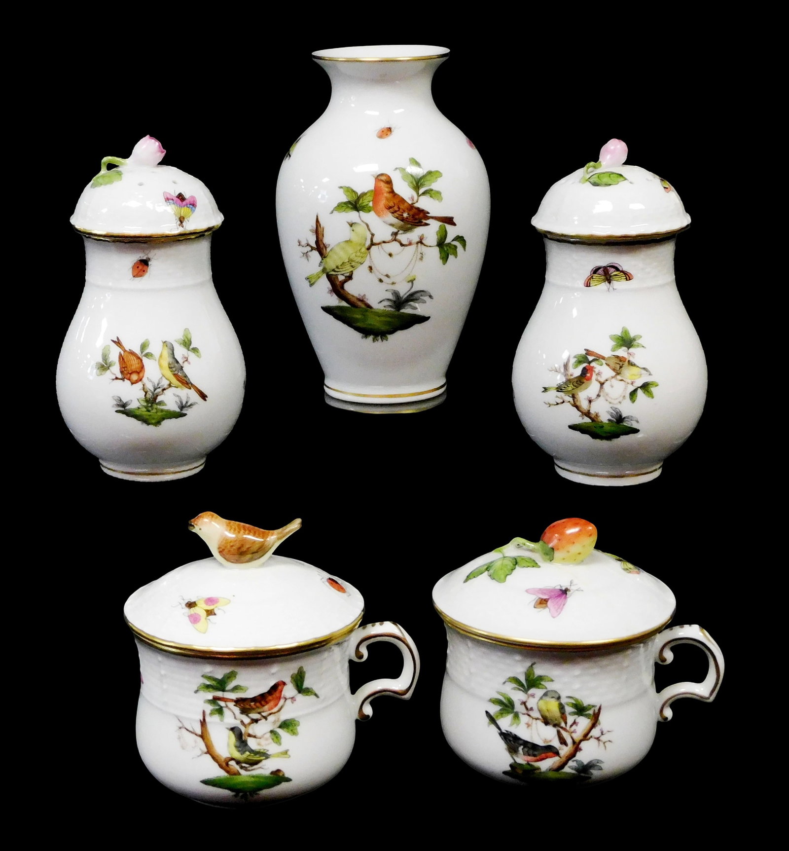 Herend 'Rothschild Bird' pattern hand-painted porcelain, five pieces, 20th C., Hungary, all with (1 of 6)