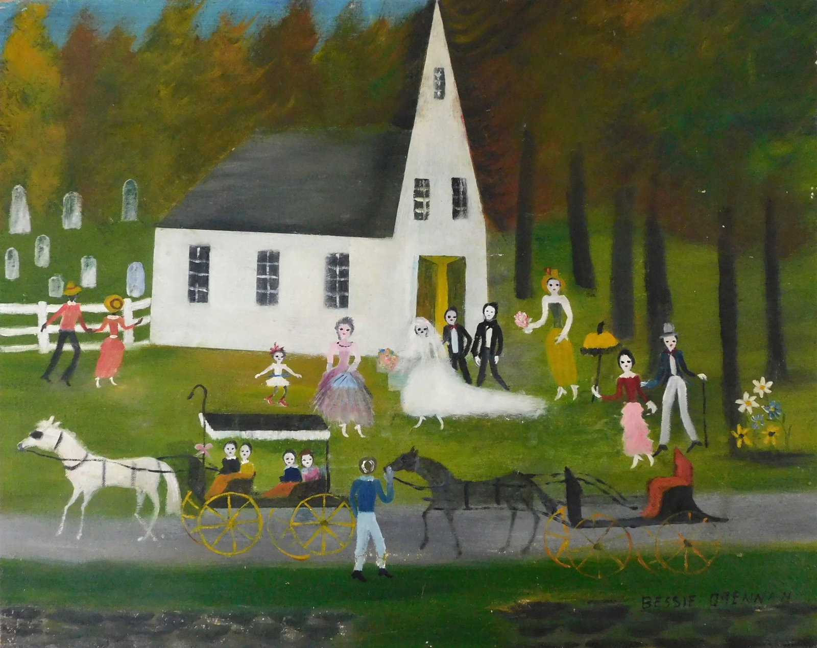 Bessie Drennan (Vermont, 1882-1961) folk art/naive wedding scene, oil on canvas board, depicts many (1 of 6)