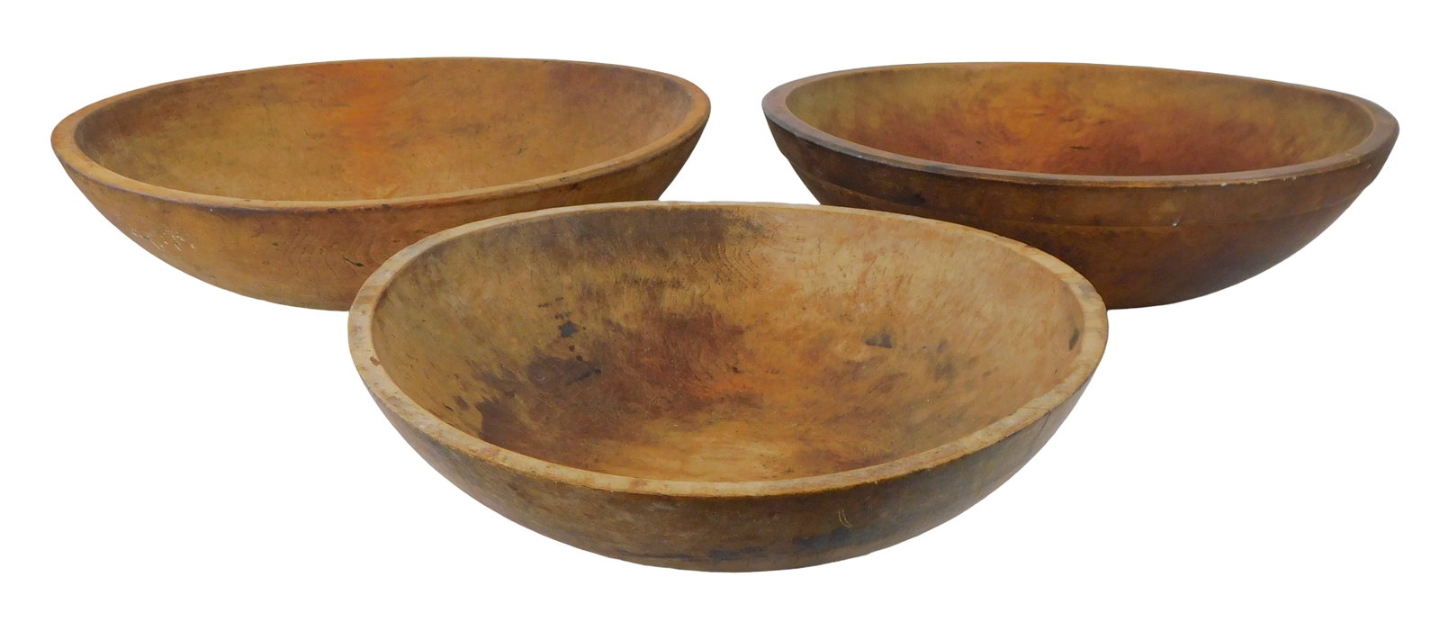 Three treenware bowls, American, all likely 19th C., wear consistent with age and use, sold as is, (1 of 4)