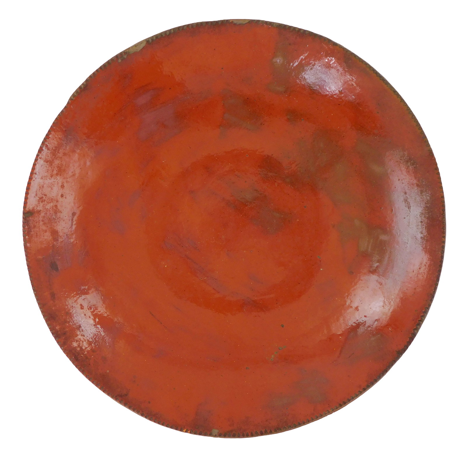 Mottled manganese and lead glazed redware charger, American, 19th C., raised sides with crimped (1 of 4)