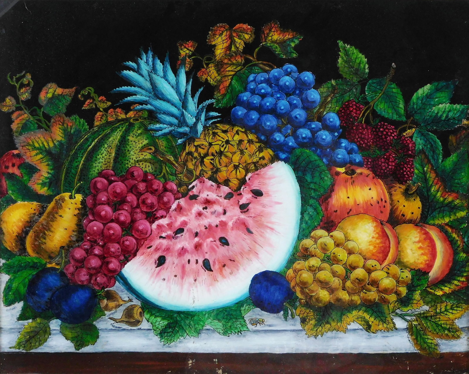 Eglomise still life, 20th C., reverse-painted arrangement of fruit, large watermelon at center along (1 of 5)