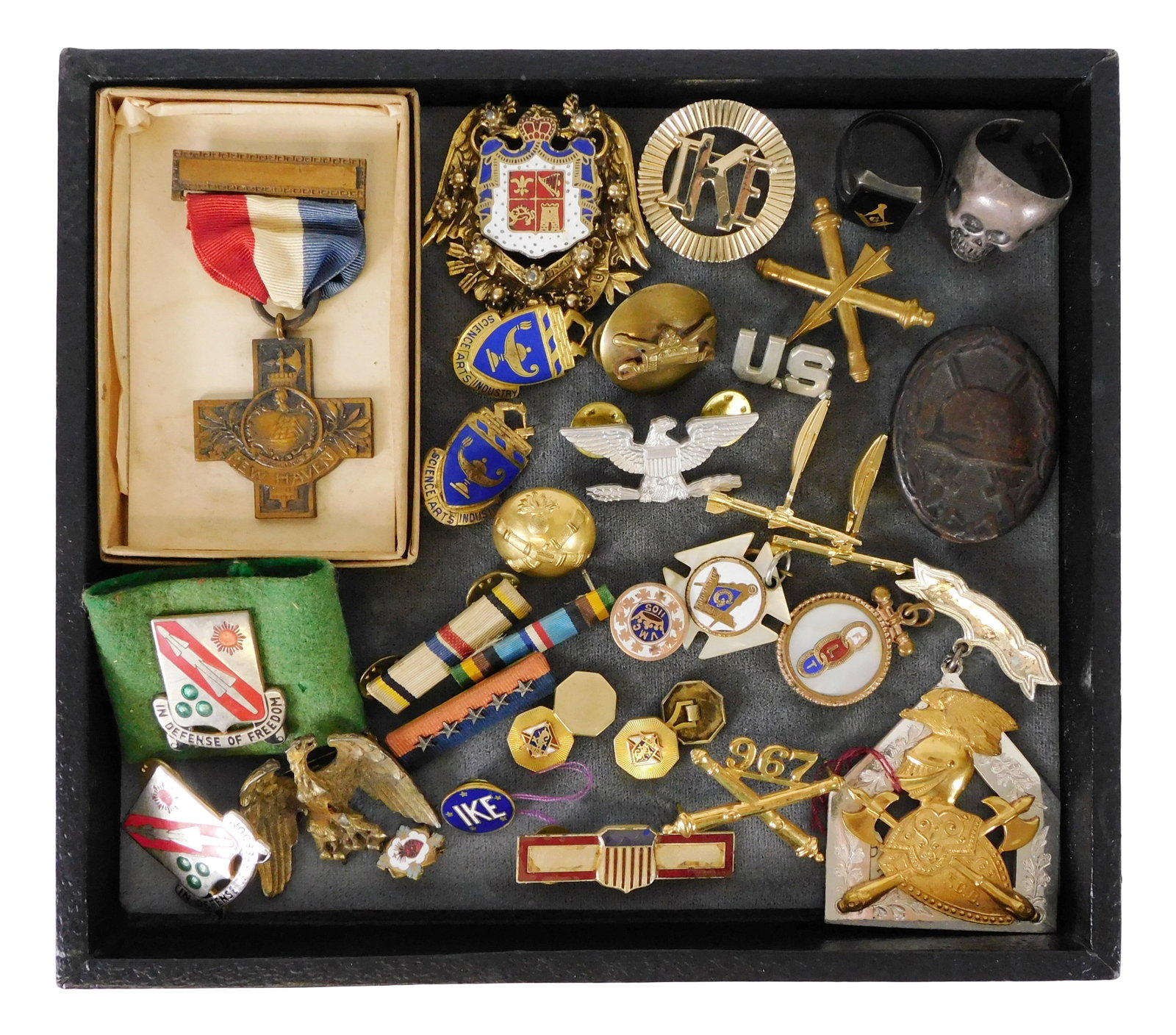 MILITARY/ MASONIC, ETC.: 25+ Pieces including 20th C. brooches, ribbons, cufflinks, rings, pendants, (1 of 3)