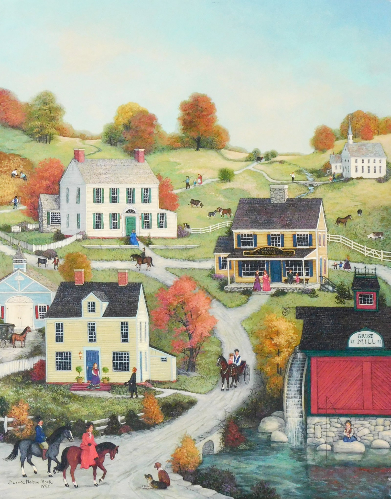 Linda Nelson Stocks (American, 1938-2011), "1771 Gristmill", 1996, oil on archival canvas, signed: Linda Nelson Stocks (American, 1938-2011), "1771 Gristmill", 1996, oil on archival canvas, signed and dated lower left, titled verso, depicts idyllic New England town in the fall, large red mill with 