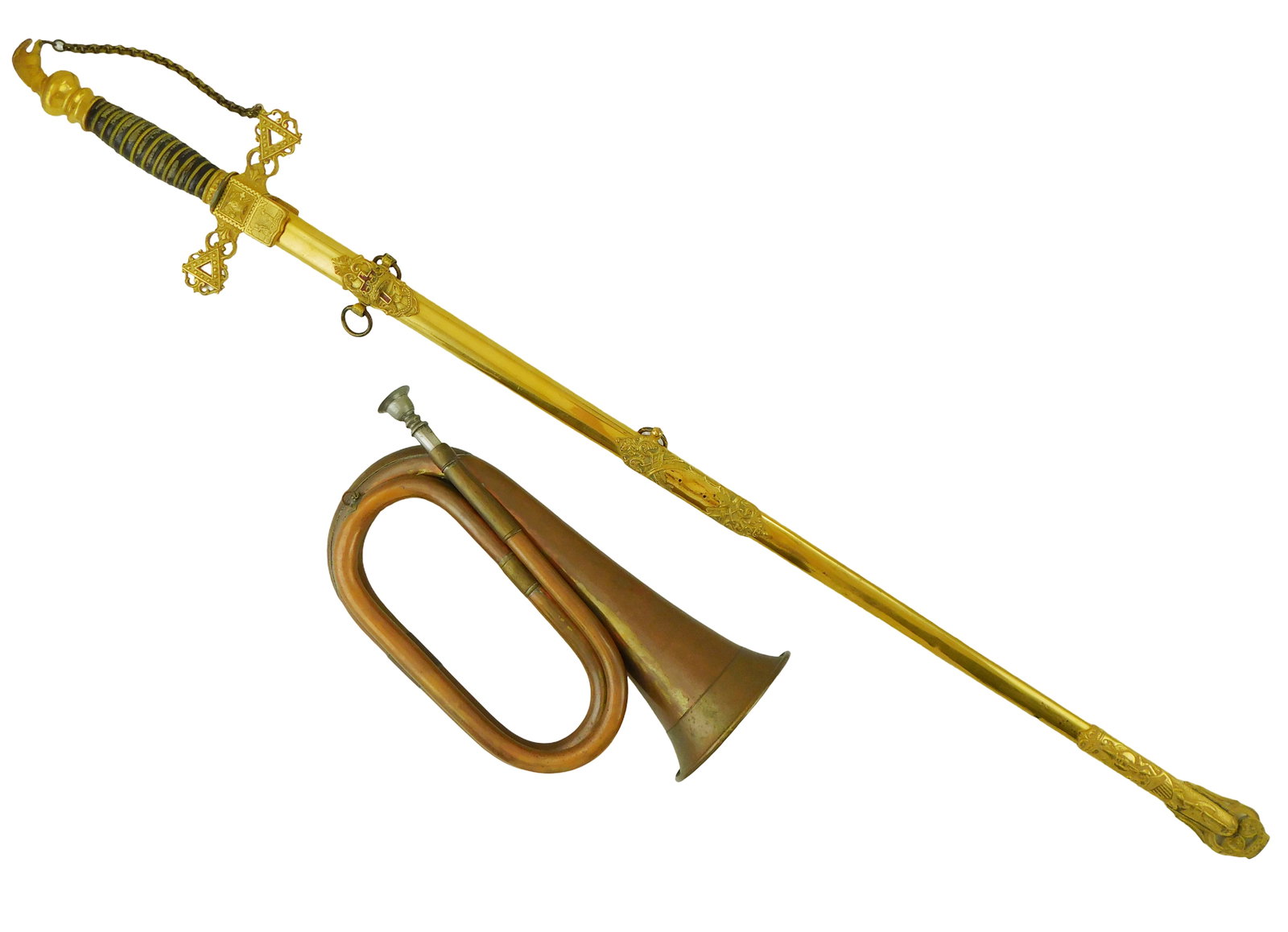 Fraternal dress sword and World War One era regimental bugle, early 20th C., details include: copper (1 of 3)