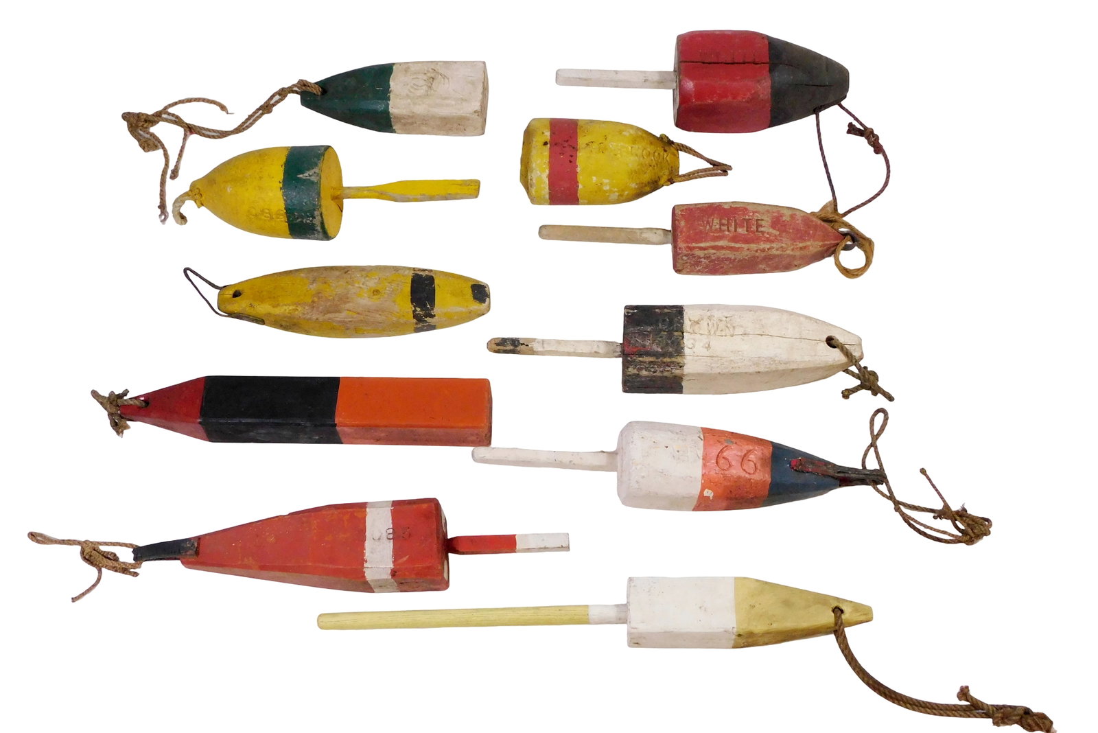Eleven wooden lobster buoys, all painted in various bright color combinations, all with intact rope (1 of 3)