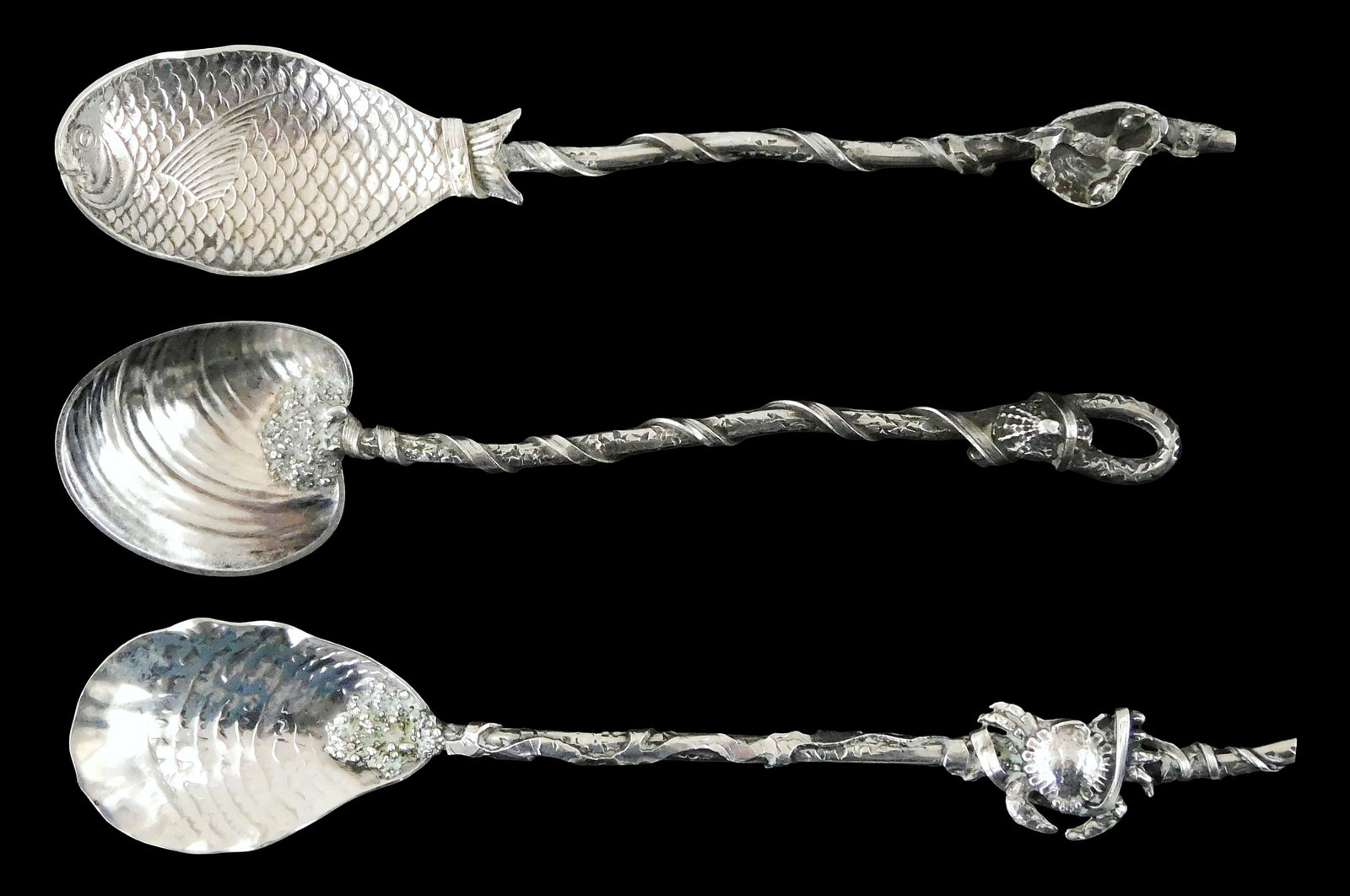 (ADVERTISING) STERLING: Three "Narragansett" demitasse spoons by Gorham, Providence, Rhode Island: (ADVERTISING) STERLING: Three "Narragansett" demitasse spoons by Gorham, Providence, Rhode Island (1865 - present), designed in 1878, sterling silver, stamped on reverse, each intricately decorated wi