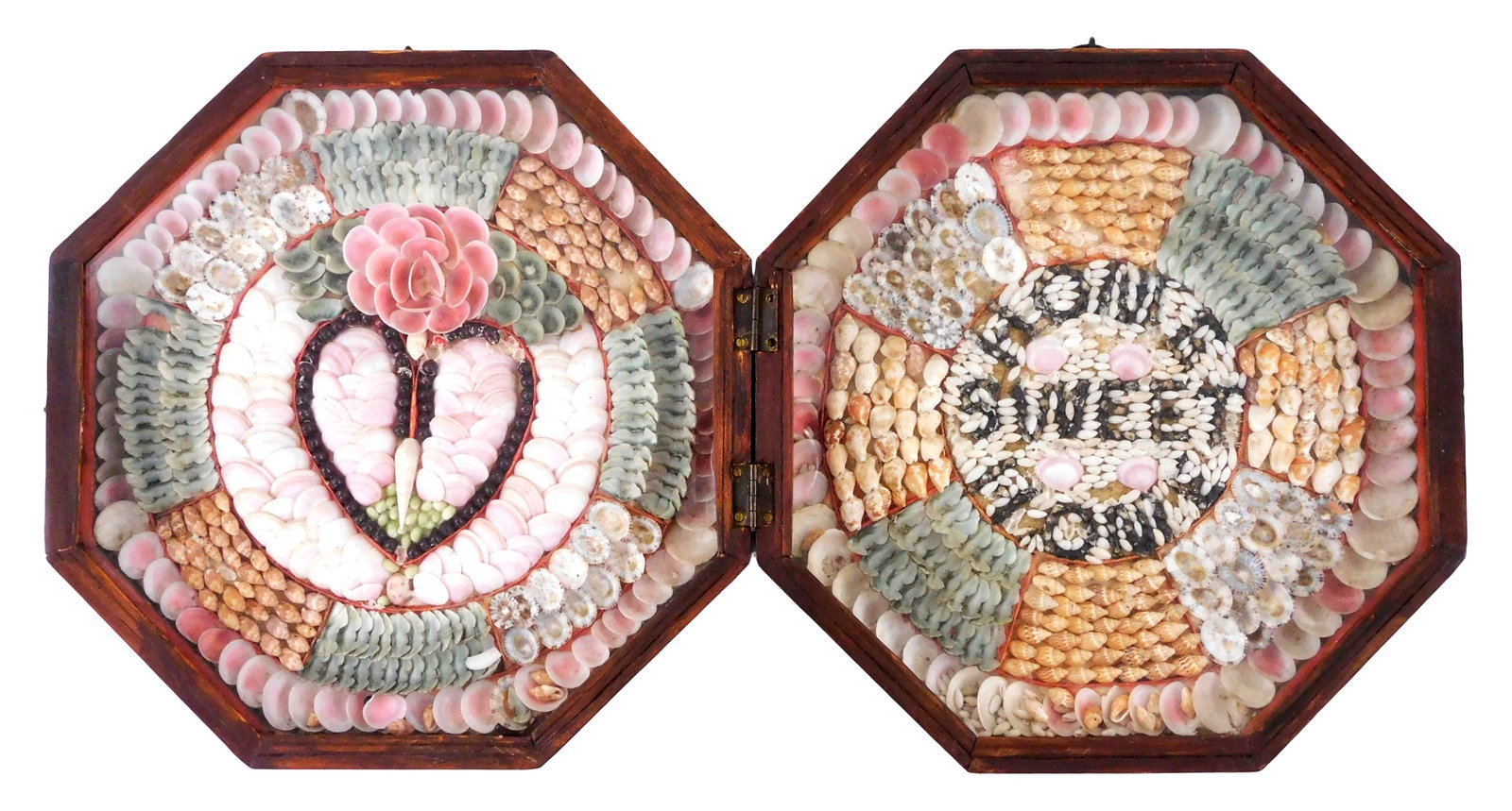 Double Sailor's Valentine "Home Sweet Home" shell art, late 19th-early 20th C., likely mahogany (1 of 6)