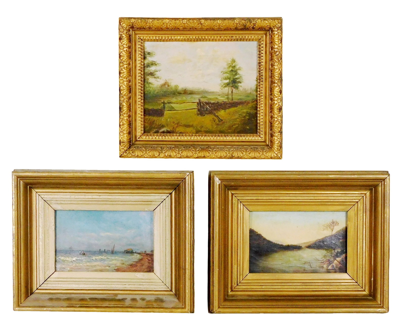 Three 19th C. framed oils, two landscapes and a seascape, including: oil on board, pastoral (1 of 9)