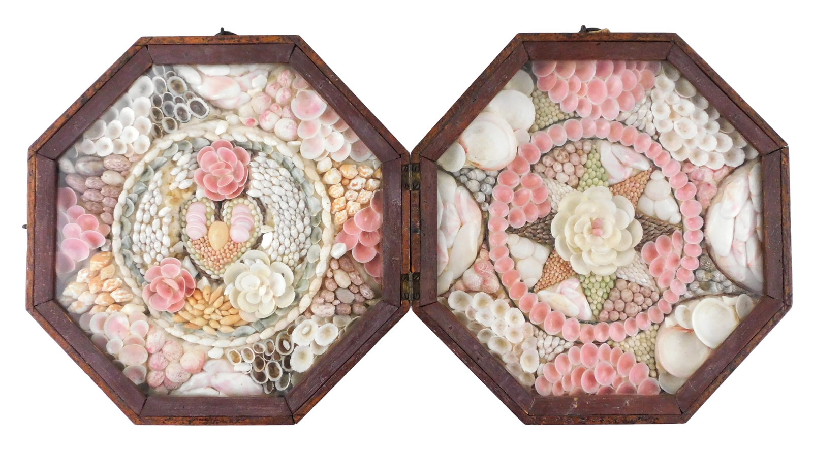 Double Sailor's Valentine shell art, late 19th-early 20th C., likely mahogany octagonal shadow box (1 of 4)