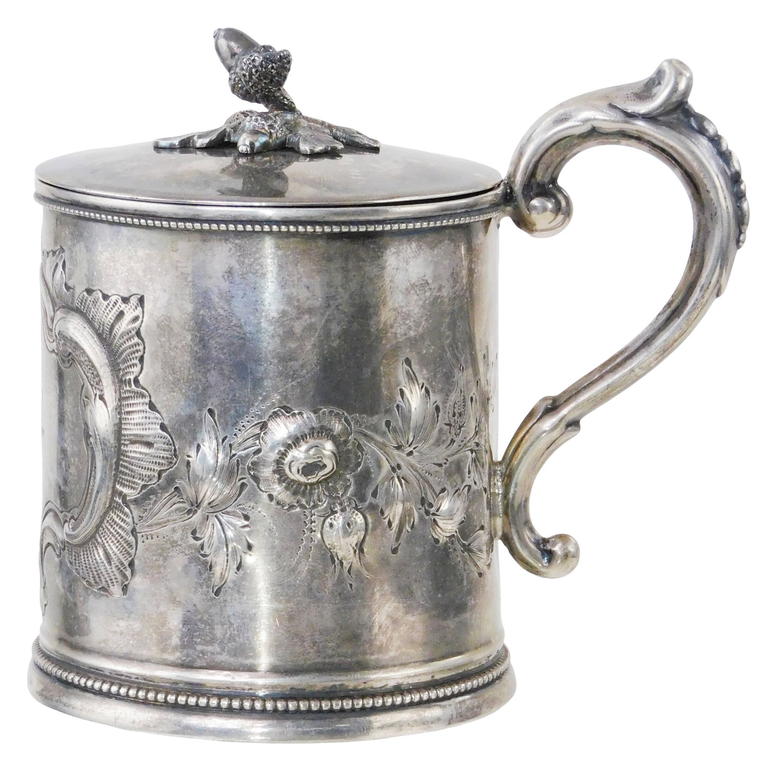 SILVER: Coin silver lidded mug or tankard, late 19th-early 20th C., mug or tankard with floral (1 of 2)