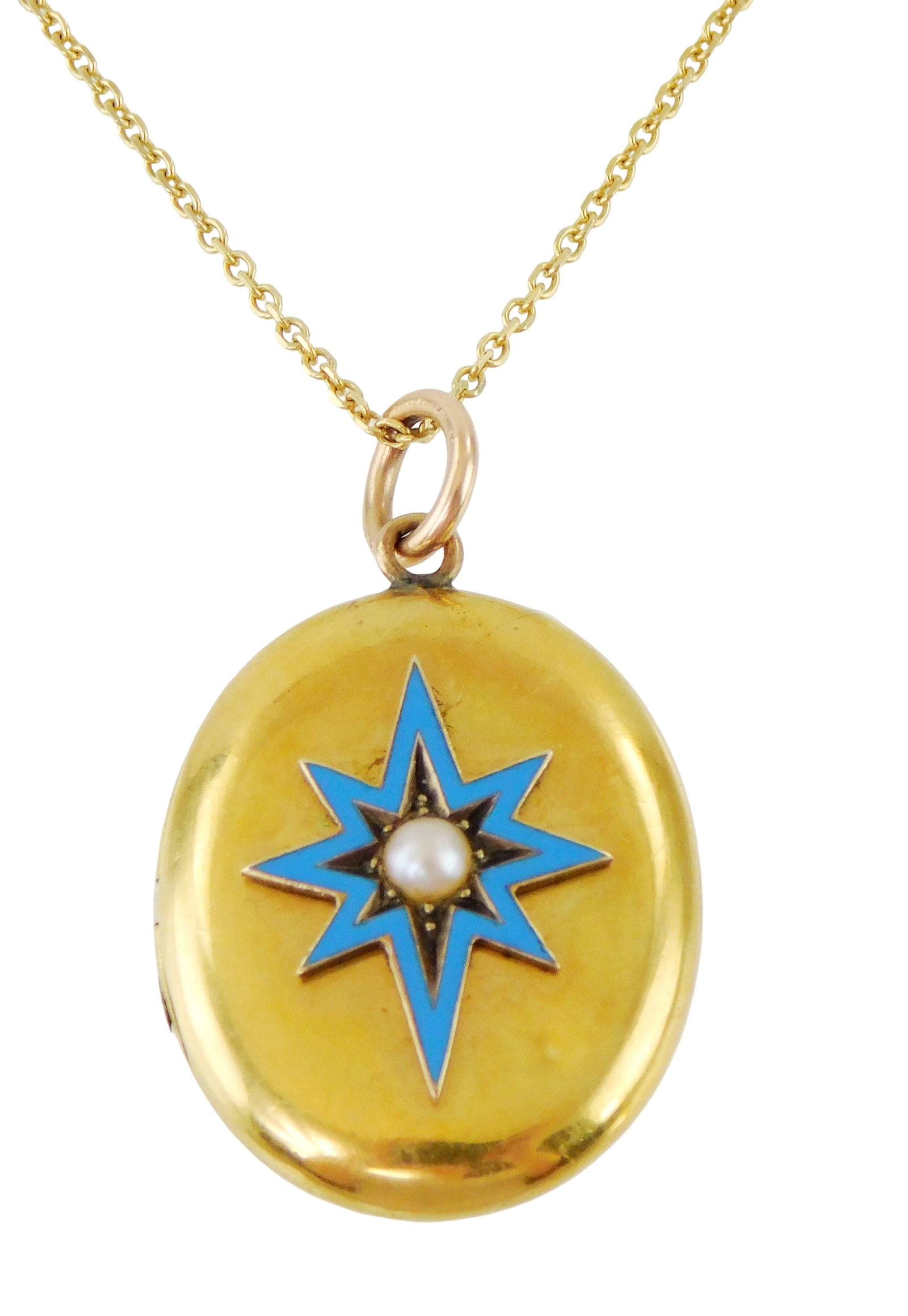 JEWELRY: 18K Locket pendant on 14K yellow gold chain, details include: 18K oval locket, tested 18K (1 of 5)