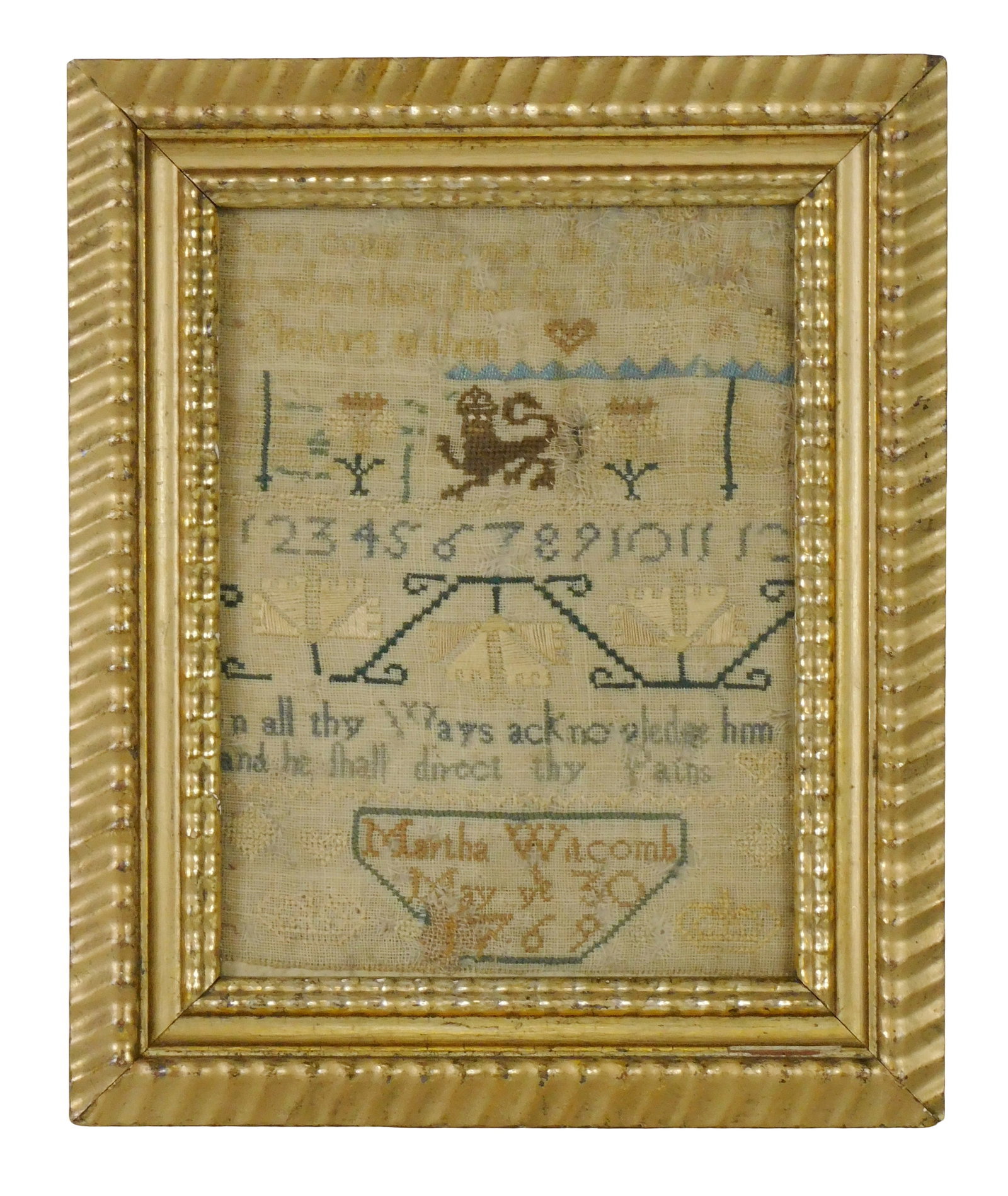 SAMPLER: 18th C. Needlework by Martha Witcomb, 1769, cross-stitched verses, pictorial scene of (1 of 5)