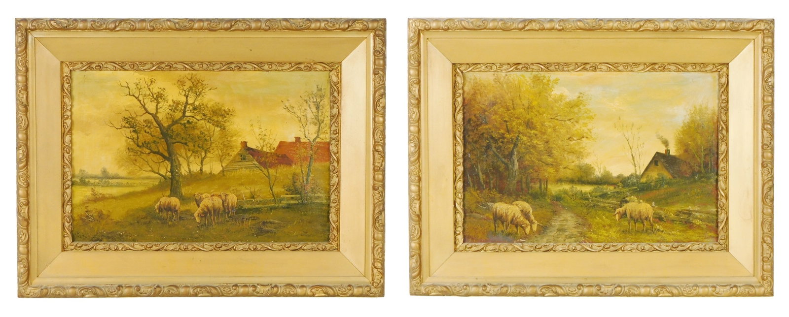 Two 19th C. pastoral landscape oils on canvas, both feature grazing sheep, each with homestead in (1 of 6)