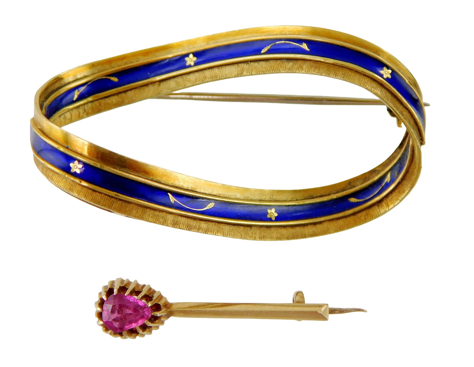JEWELRY: Two 18K gold pins, including: larger tested 18K yellow gold, features blue enameled ribbon: JEWELRY: Two 18K gold pins, including: larger tested 18K yellow gold, features blue enameled ribbon design, 1 3/4" x 1" [Total Weight: 8.1 grams]; and smaller a bar pin, tested 18K yellow gold with 14