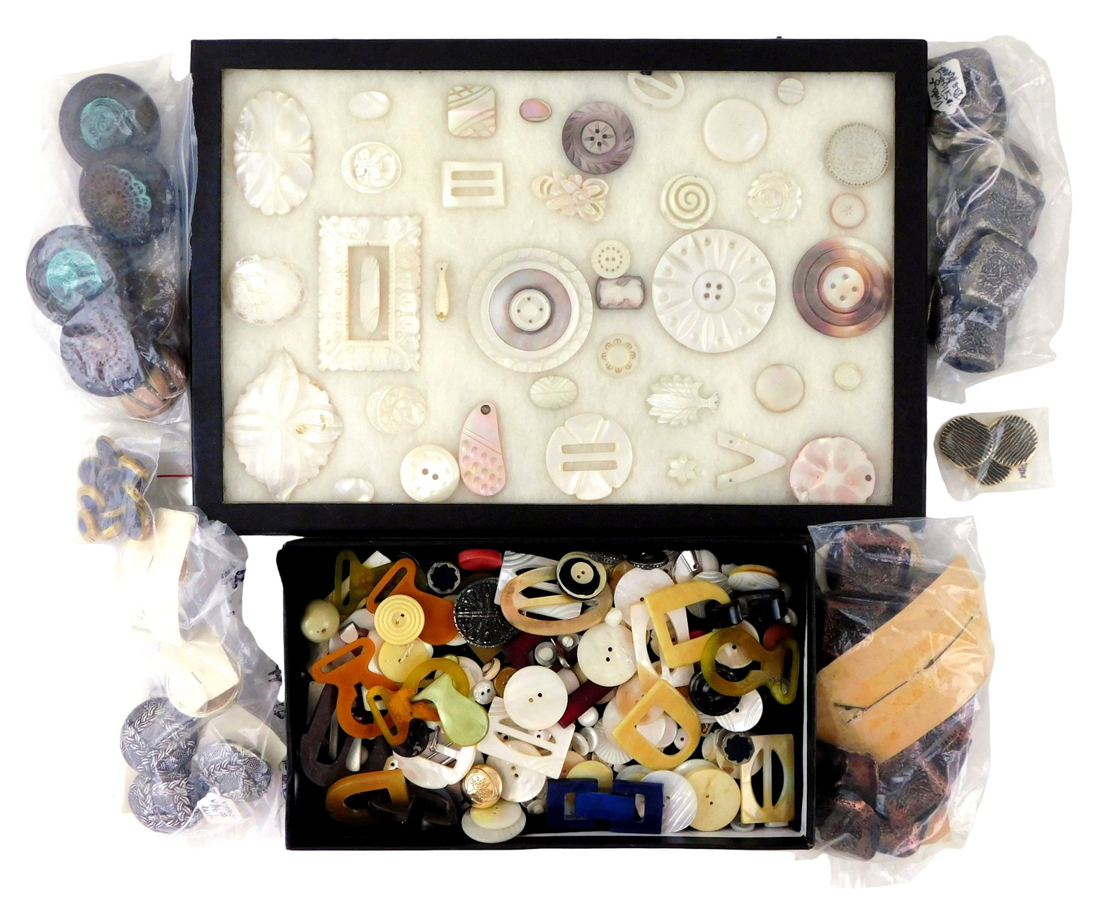 Antique to Vintage buttons, 65+ pieces, many early mother of pearl in case, others mixed metal and: Antique to Vintage buttons, 65+ pieces, many early mother of pearl in case, others mixed metal and early plastic, some with carved decoration of flowers or figures, a few with gold colored stamped cov
