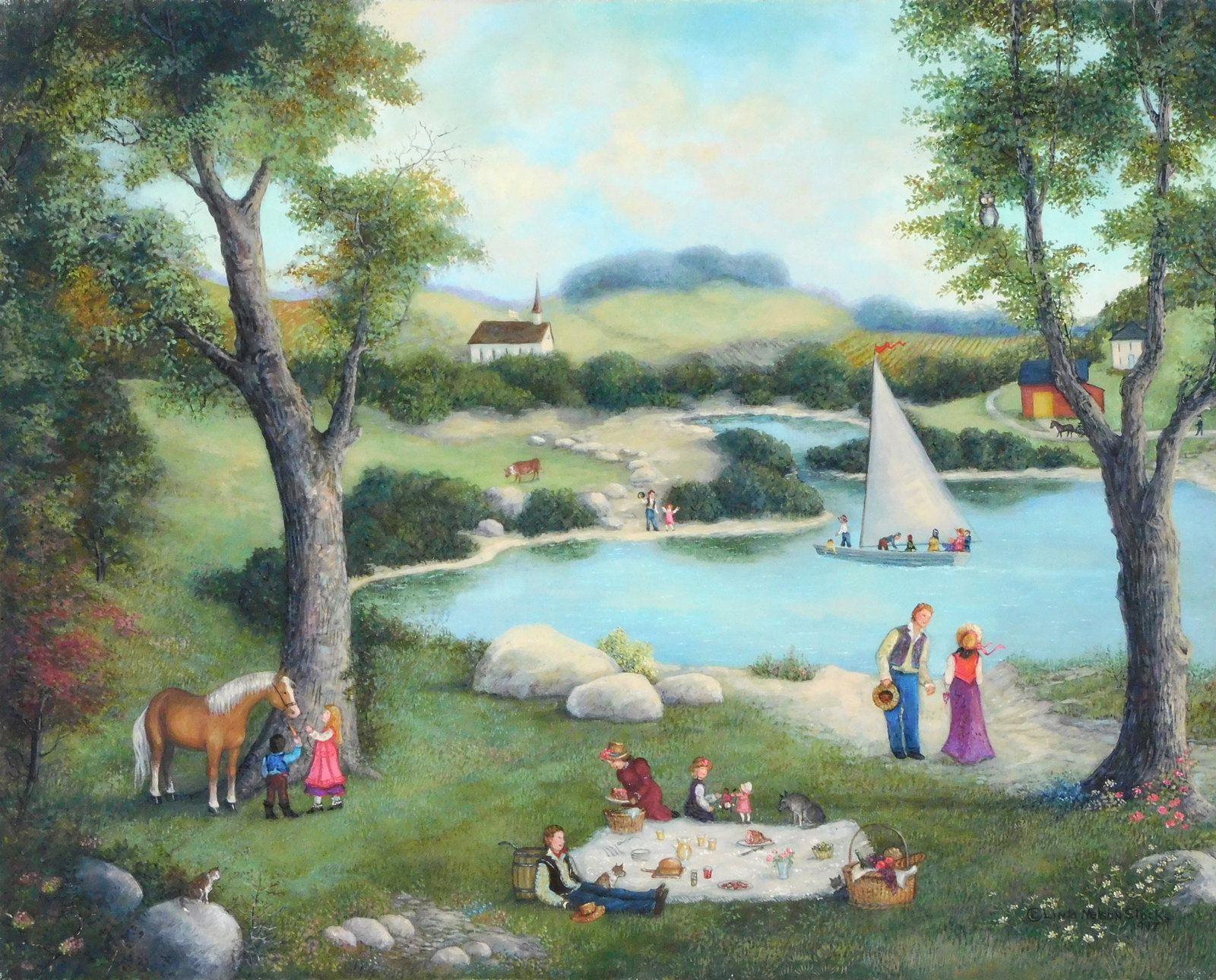Linda Nelson Stocks (American, 1938-2011), "Picnic at the Pond", 1997, oil on archival canvas, (1 of 6)