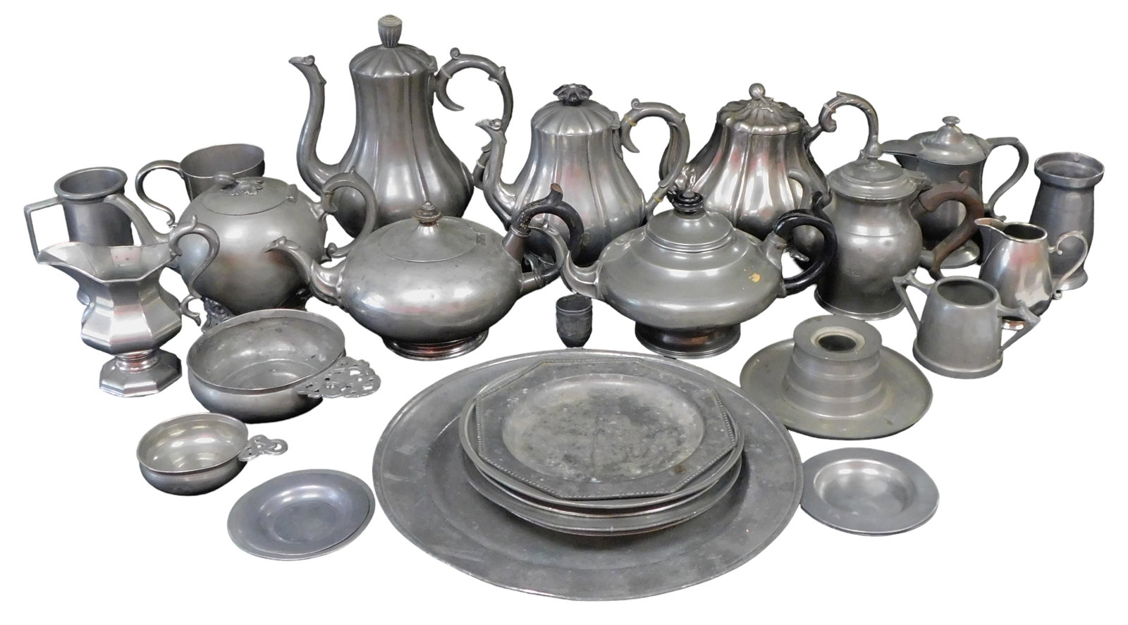 19th C. pewter hollowware, thirty pieces, including makers such as Smith and Feltman, James Nixon (1 of 4)