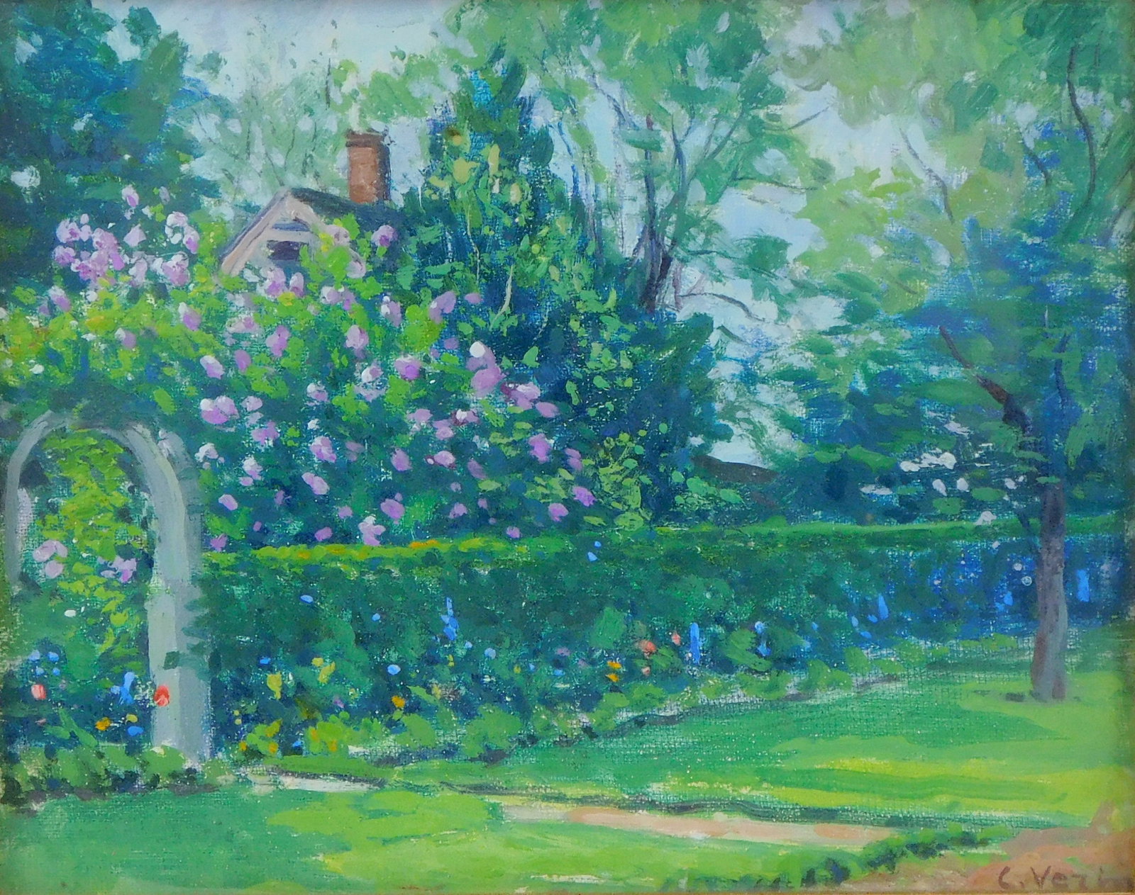 Charles Vezin (American, 1858-1942), oil on board framed behind glass, verdant garden scene with (1 of 4)