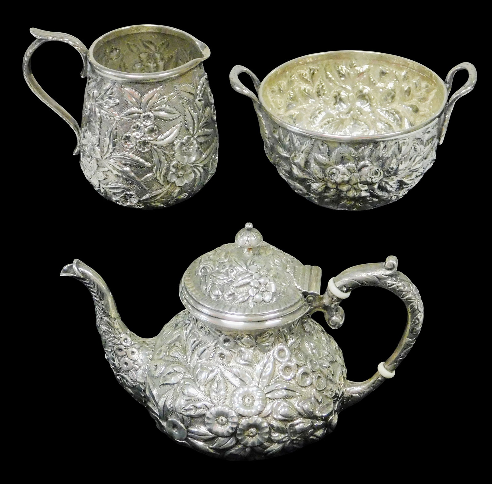 STERLING: Kirk & Son three-piece sterling silver tea set, c. 1912, Baltimore, including sterling (1 of 6)