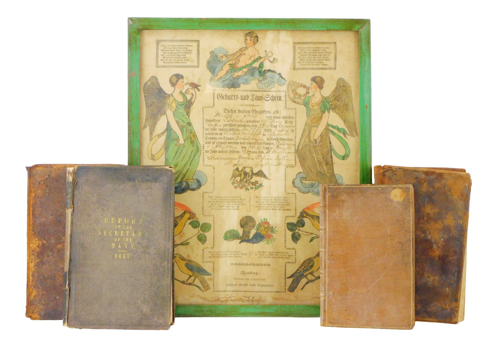 BOOKS/ EPHEMERA: Four 19th C. books and a framed 1813 birth certificate, details include:: BOOKS/ EPHEMERA: Four 19th C. books and a framed 1813 birth certificate, details include: Pennsylvanian German hand-colored Fraktur birth and baptismal certificate, 1813, also known as a "Geburts und 