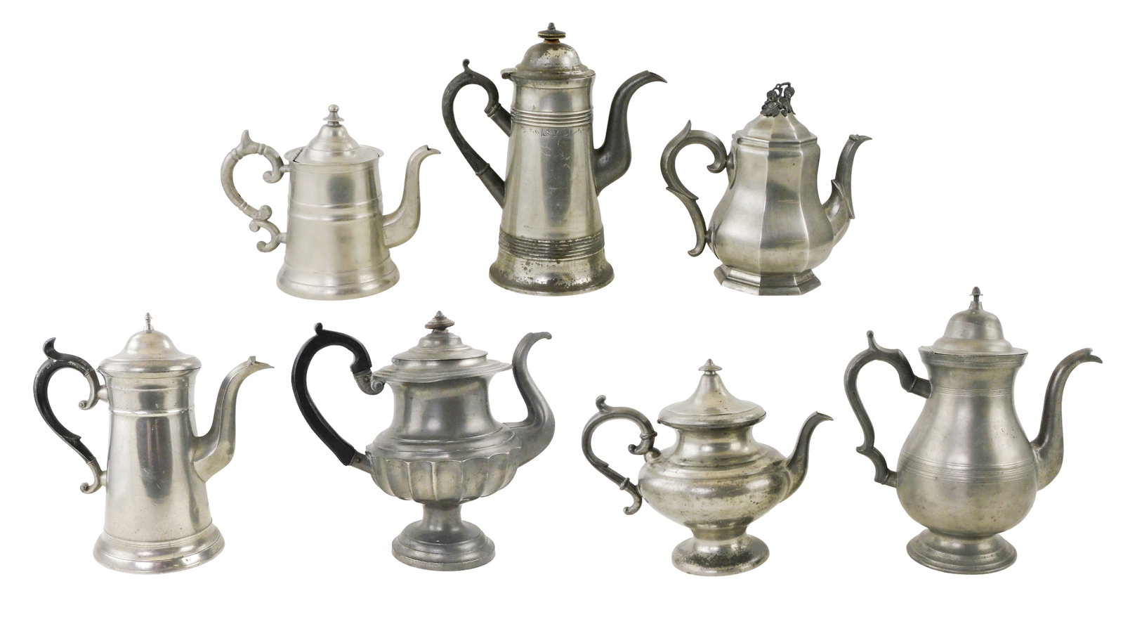 19th C. New England pewter teapots, seven pieces, including pieces by: Freeman Porter (Maine, (1 of 9)