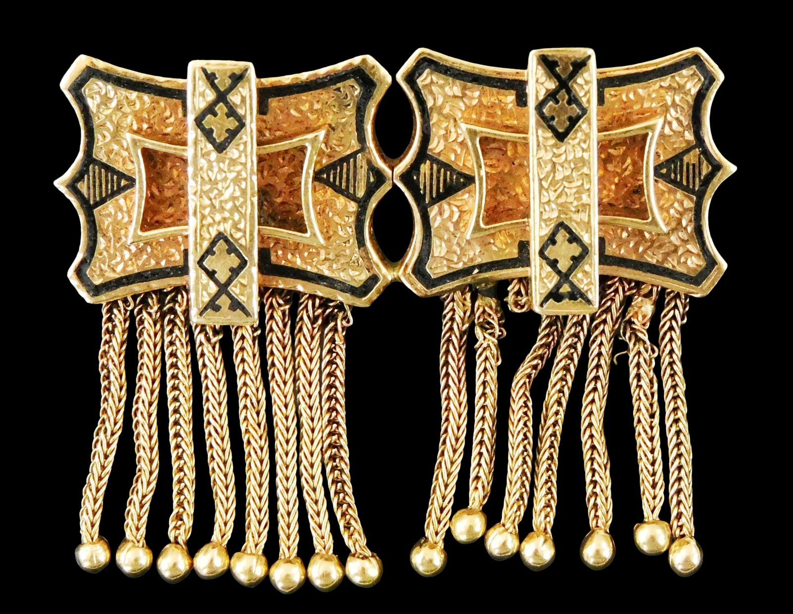 JEWELRY: 14K Victorian Etruscan Revival brooch with black enamel and chased decoration, layered: JEWELRY: 14K Victorian Etruscan Revival brooch with black enamel and chased decoration, layered design with decorative 'fringe' at bottom, stamped 14K on reverse, wear consistent with age and use, one
