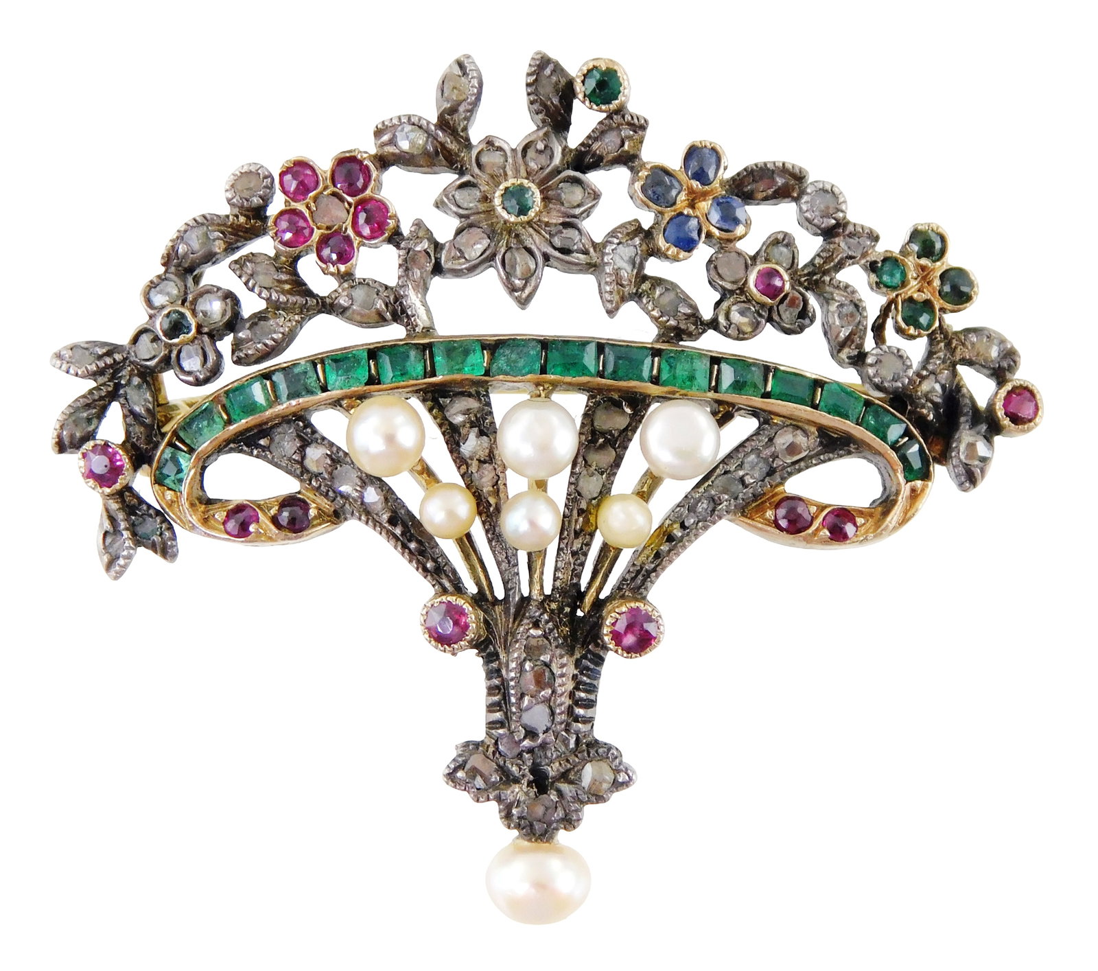 JEWELRY: 14K Floral bouquet pin set with rose cut diamonds, emeralds, rubies, sapphires and pearls,: JEWELRY: 14K Floral bouquet pin set with rose cut diamonds, emeralds, rubies, sapphires and pearls, tested 14K yellow gold back with silver settings on top, sold as is, 1 1/2" h. x 1 1/2" w. [Total We