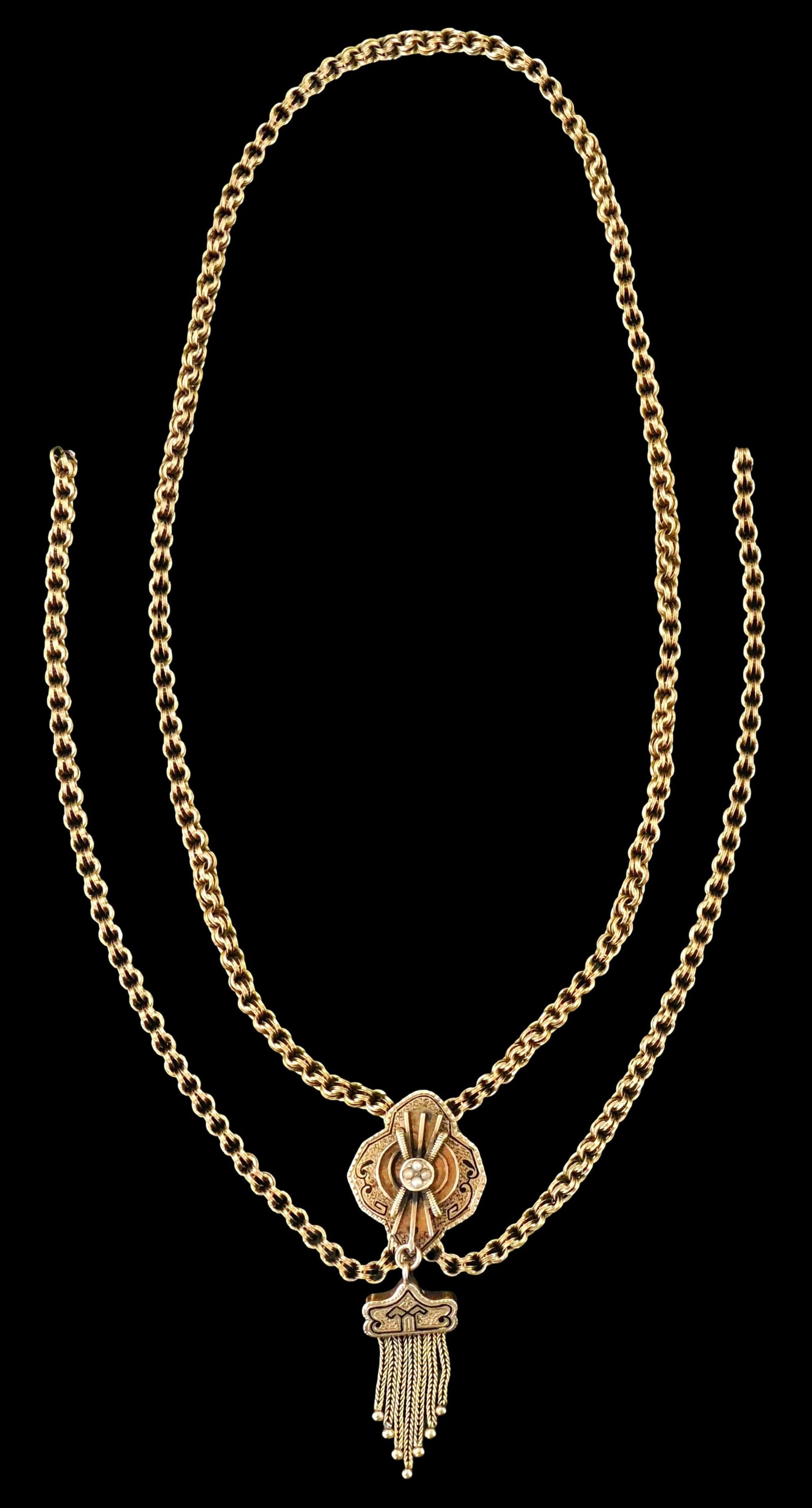 JEWELRY: 14K Etruscan Revival slide pendant and chain, details include: double cable chain tested: JEWELRY: 14K Etruscan Revival slide pendant and chain, details include: double cable chain tested 14K yellow gold, 3.5 mm width, 31" l.; and tested 14K yellow gold slide with black enamel accents and 
