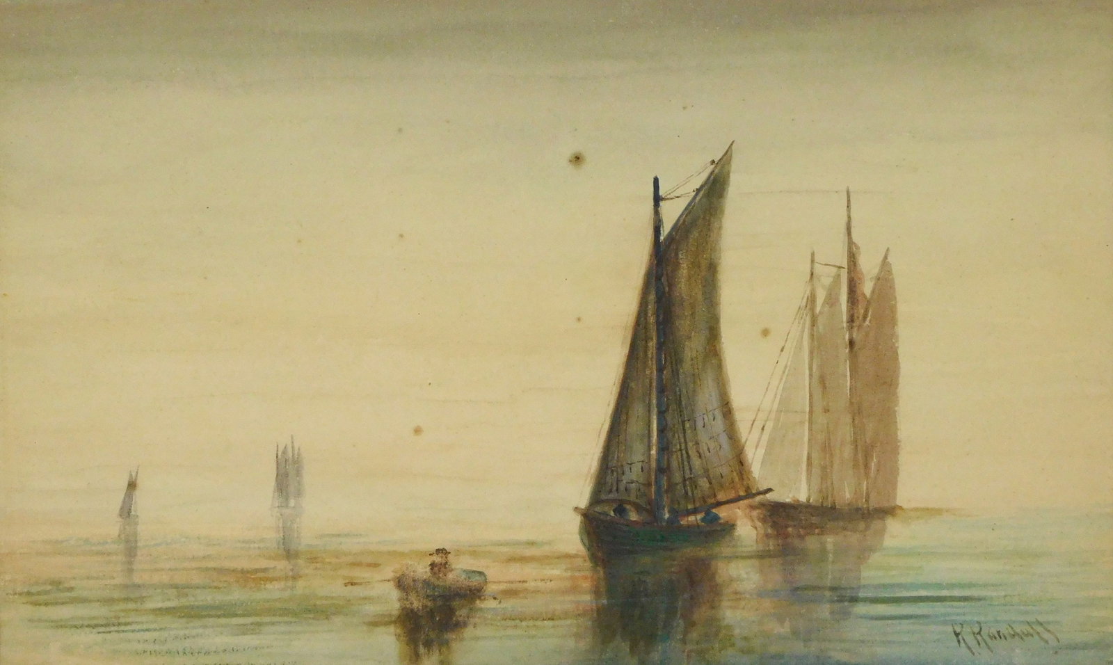 Robert Randall (Massachusetts) marine scene, late 19th C., watercolor on paper, depicts an early (1 of 4)
