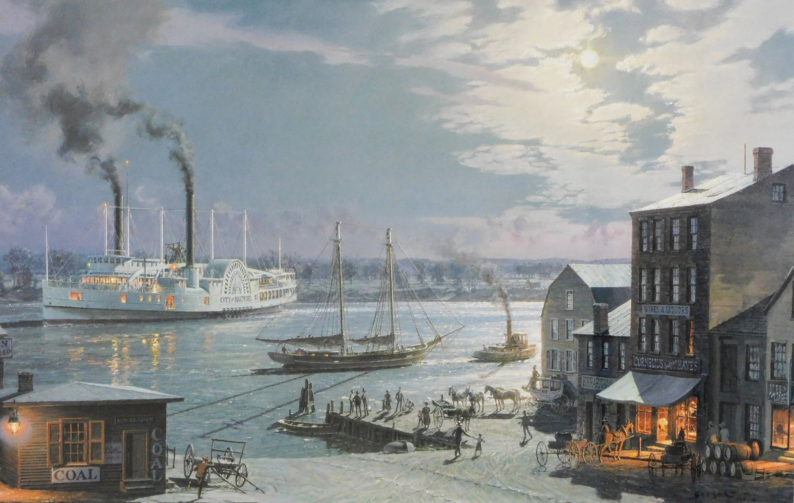 John Stobart (American, b. 1929), limited edition print, "Hartford: The City of Hartford Arriving: John Stobart (American, b. 1929), limited edition print, "Hartford: The City of Hartford Arriving from New York at the Foot of State Street in 1870", nighttime scene of ferry and other boats in harbor