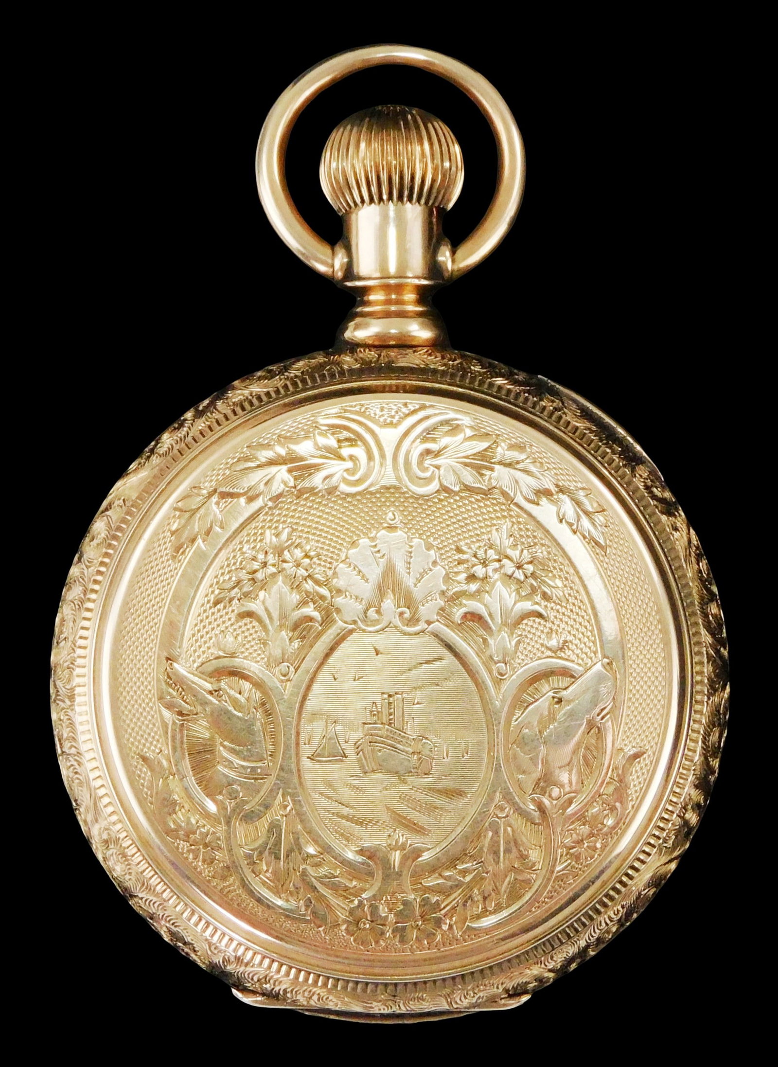 JEWELRY: E. Howard Co., Boston hunting case pocket watch with 14K yellow gold intricately engraved (1 of 4)