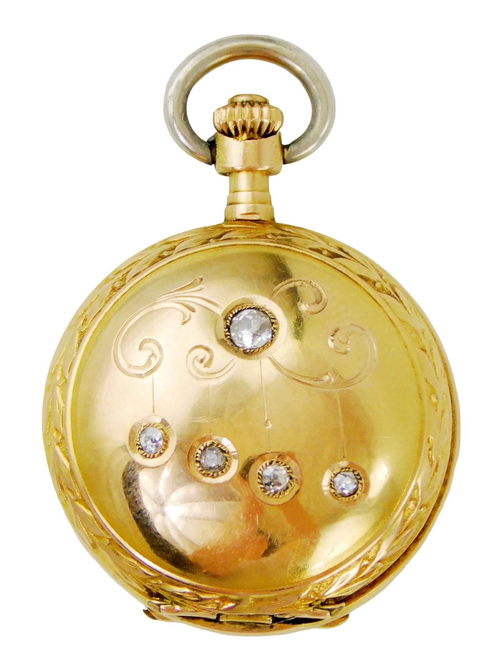 JEWELRY: 14K Diamond pendant watch, 13 jewels, stem wind, mechanical movement, white dial with black: JEWELRY: 14K Diamond pendant watch, 13 jewels, stem wind, mechanical movement, white dial with black Arabic numeral hour markers, signed "Henry Watch", stamped and tested "14k" yellow gold case, dust 